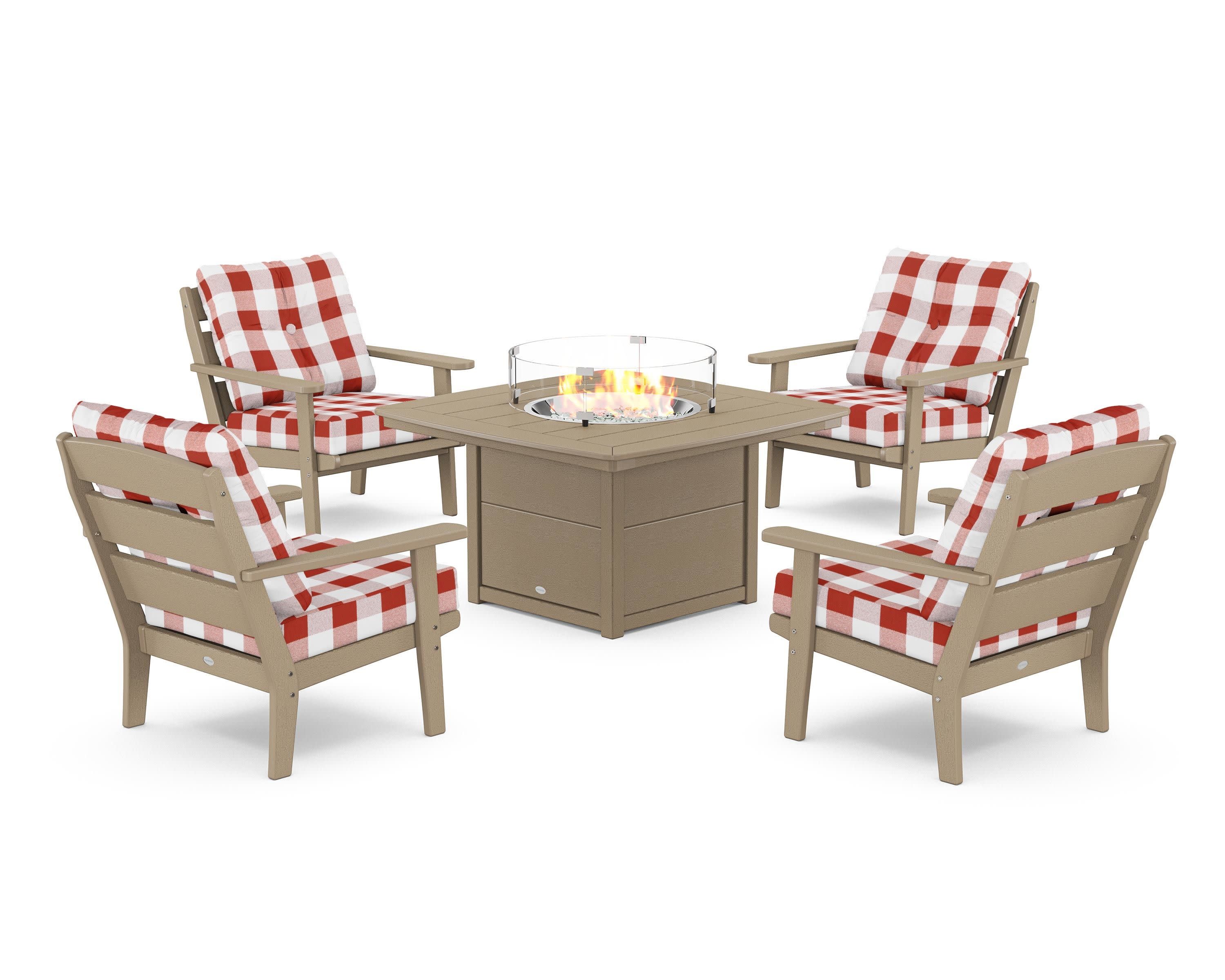 Lakeside 5-Piece Deep Seating Set with Nautical Fire Pit Table in Vintage Sahara / Buffalo Plaid Crimson