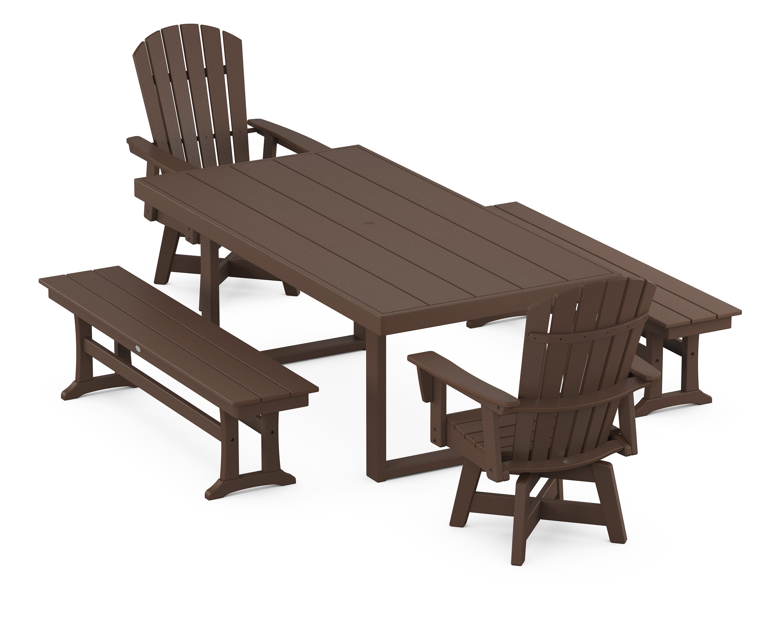 Nautical Curveback Adirondack Swivel Chair 5-Piece Dining Set with Benches in Mahogany