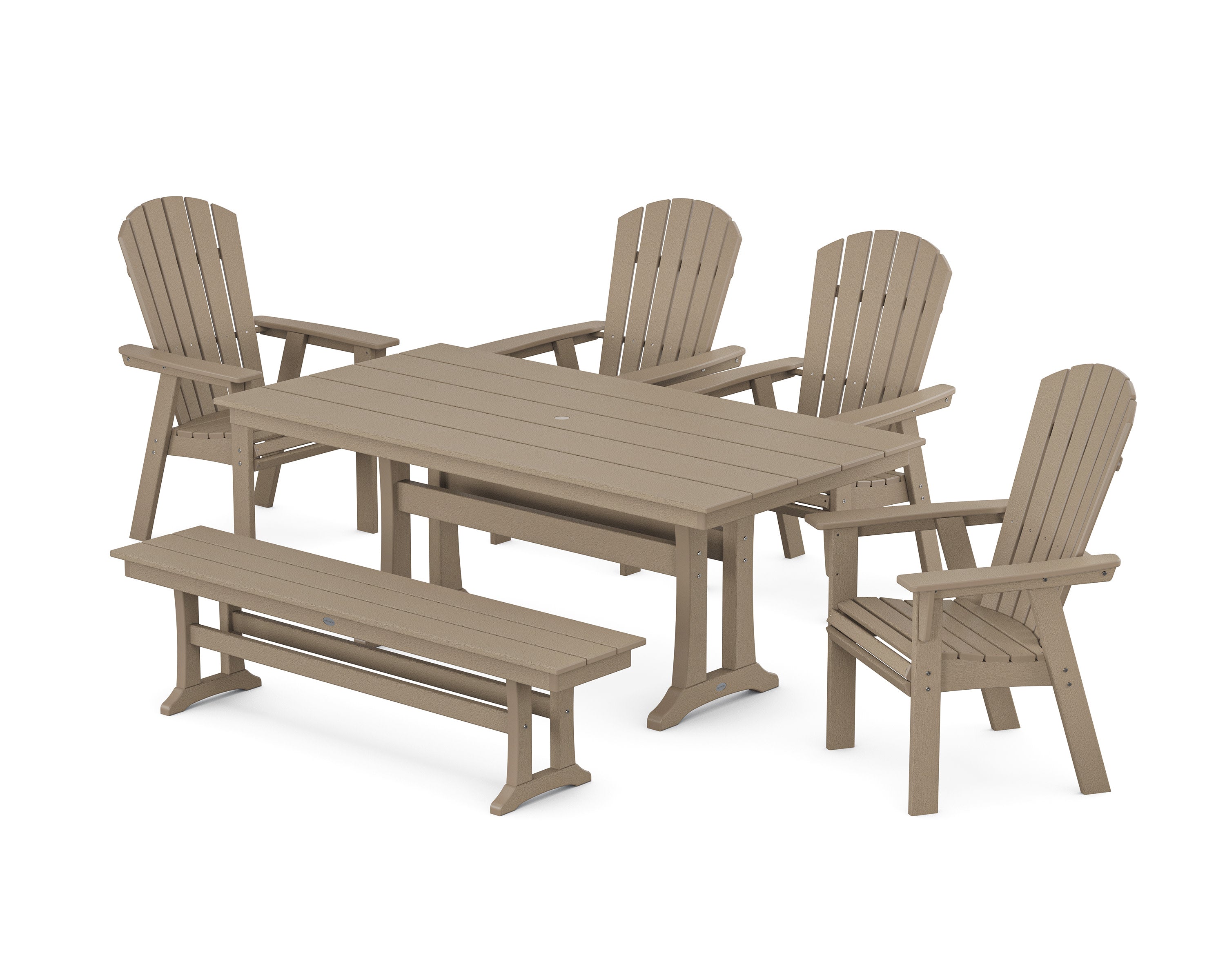 Nautical Curveback Adirondack 6-Piece Farmhouse Dining Set with Trestle Legs and Bench in Vintage Sahara