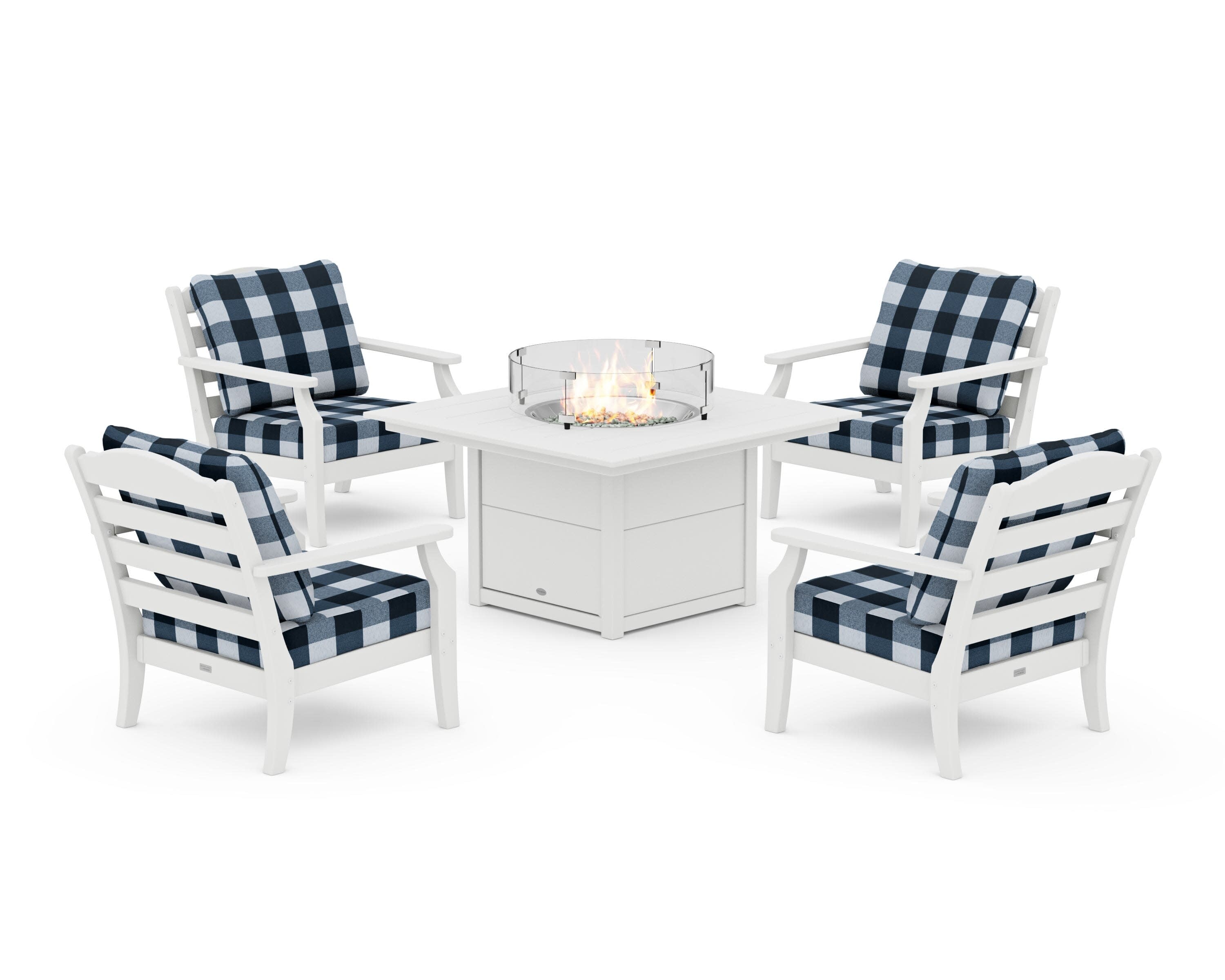 Savannah 5-Piece Deep Seating Set with Fire Pit Table in White / Buffalo Plaid Marine Indigo