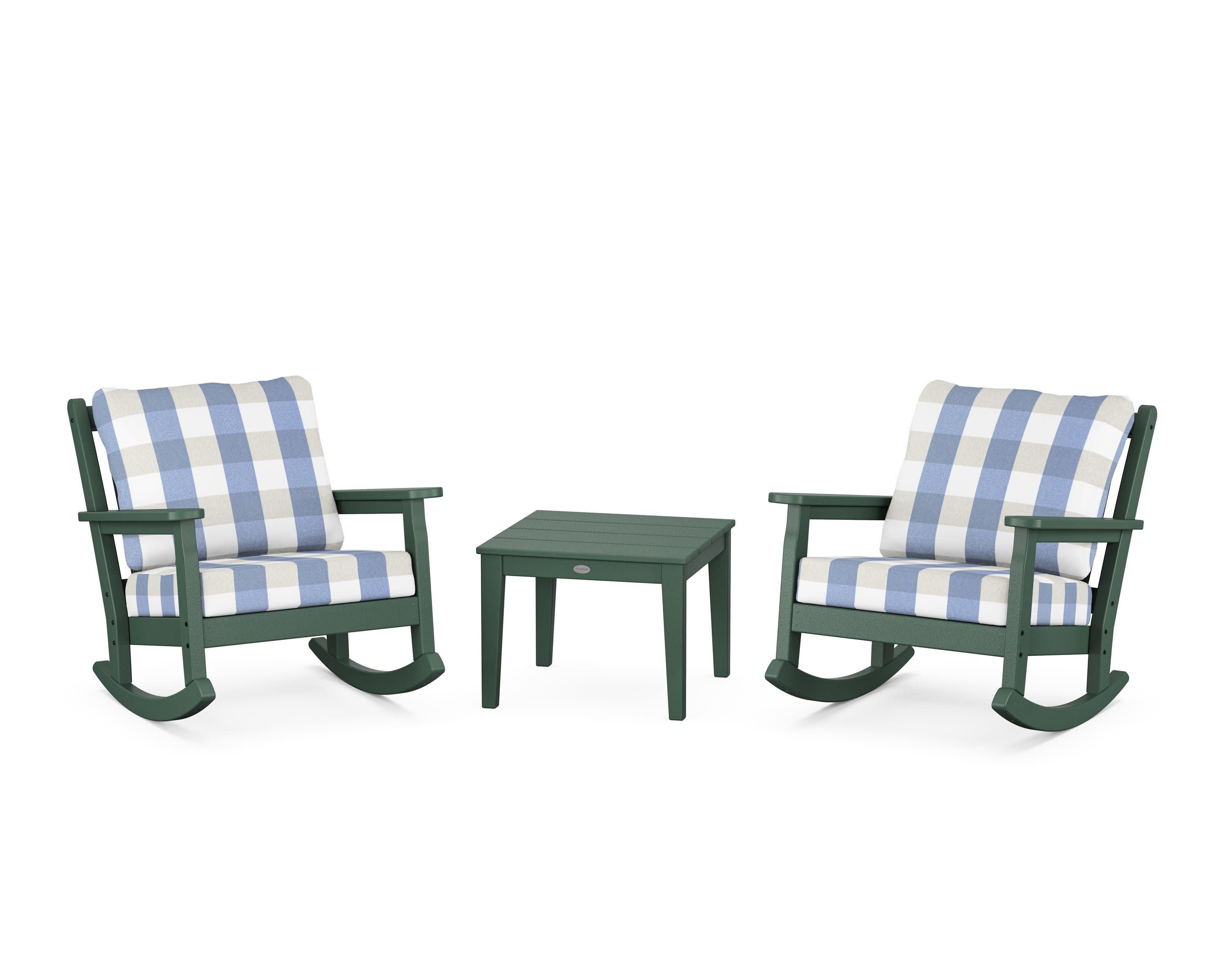 Chippendale 3-Piece Deep Seating Rocker Set in Green / Buffalo Plaid Sky Blue