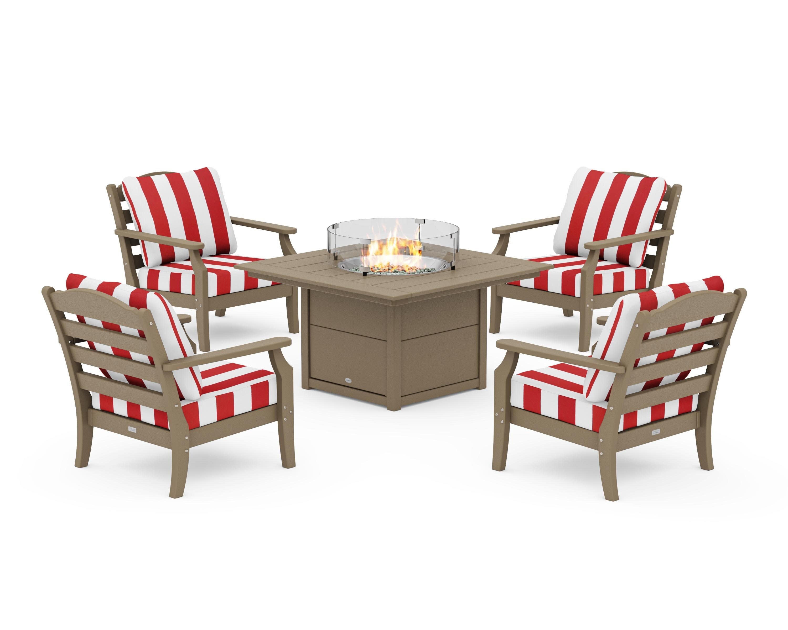 Savannah 5-Piece Deep Seating Set with Fire Pit Table in Vintage Sahara / Cabana Stripe Crimson