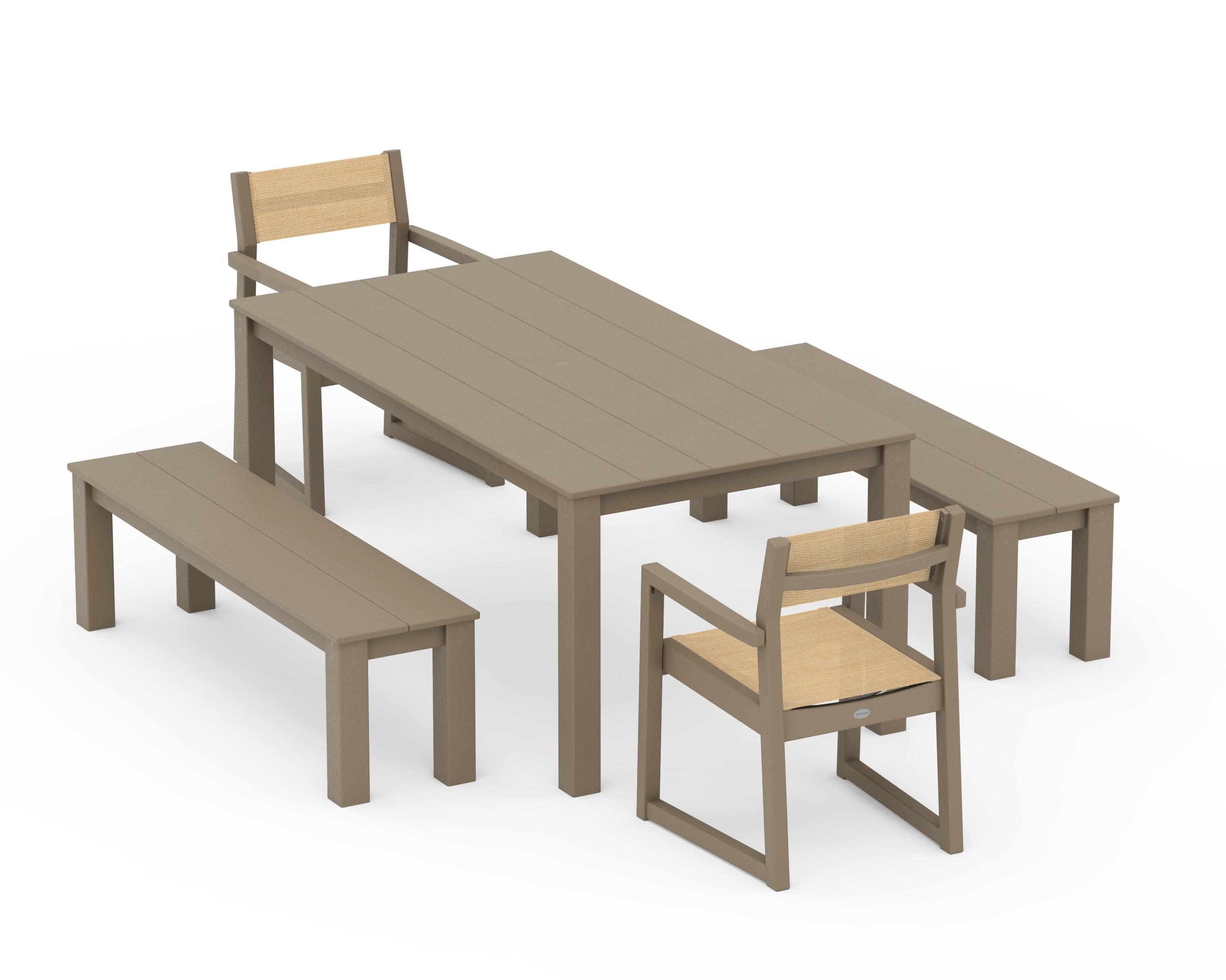 EDGE Sling Arm Chair 5-Piece Parsons Dining Set with Benches in Vintage Sahara / Dupioni Apricot Sling