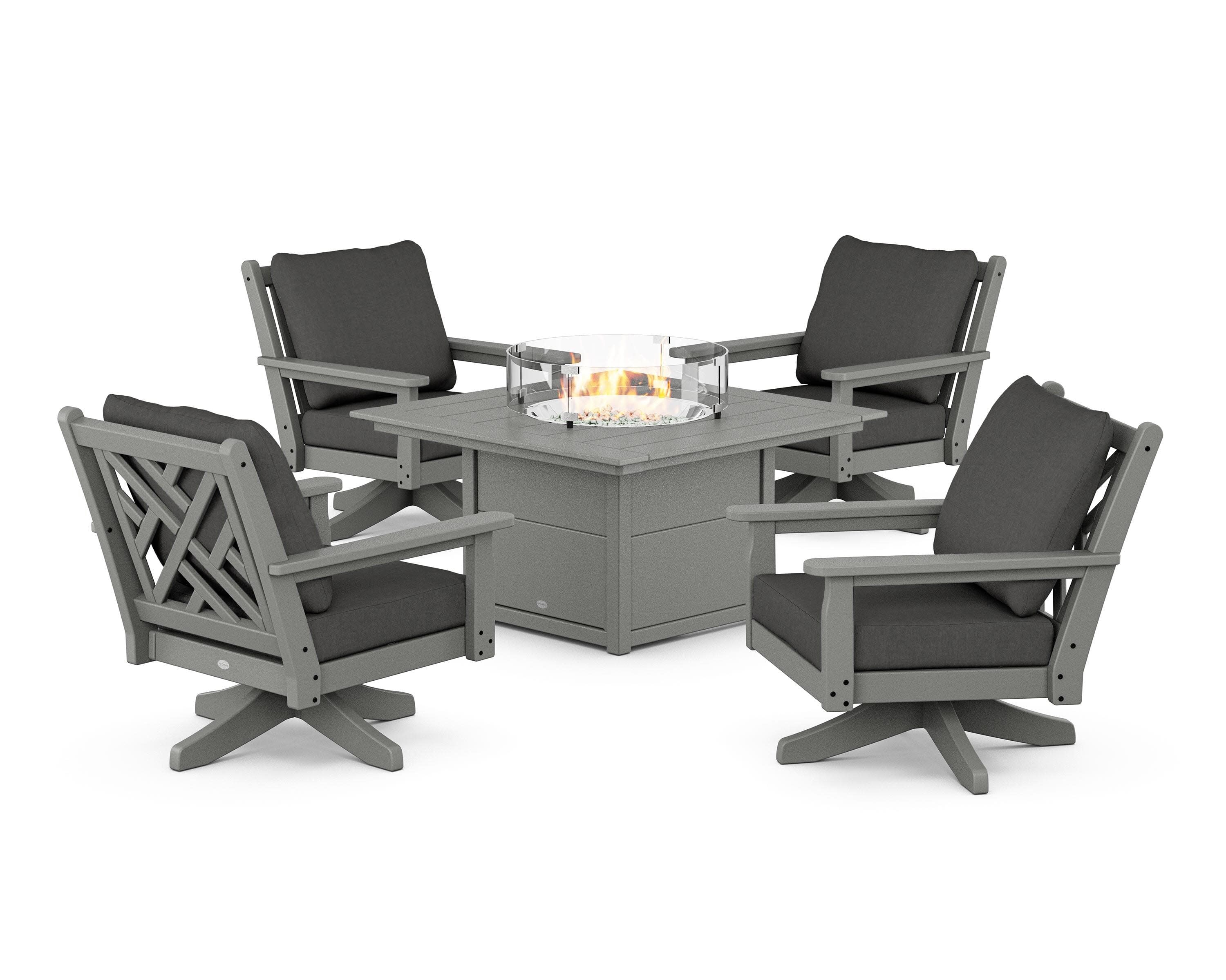 Chippendale 5-Piece Deep Seating Swivel Conversation Set with Fire Pit Table in Slate Grey / Spectrum Carbon