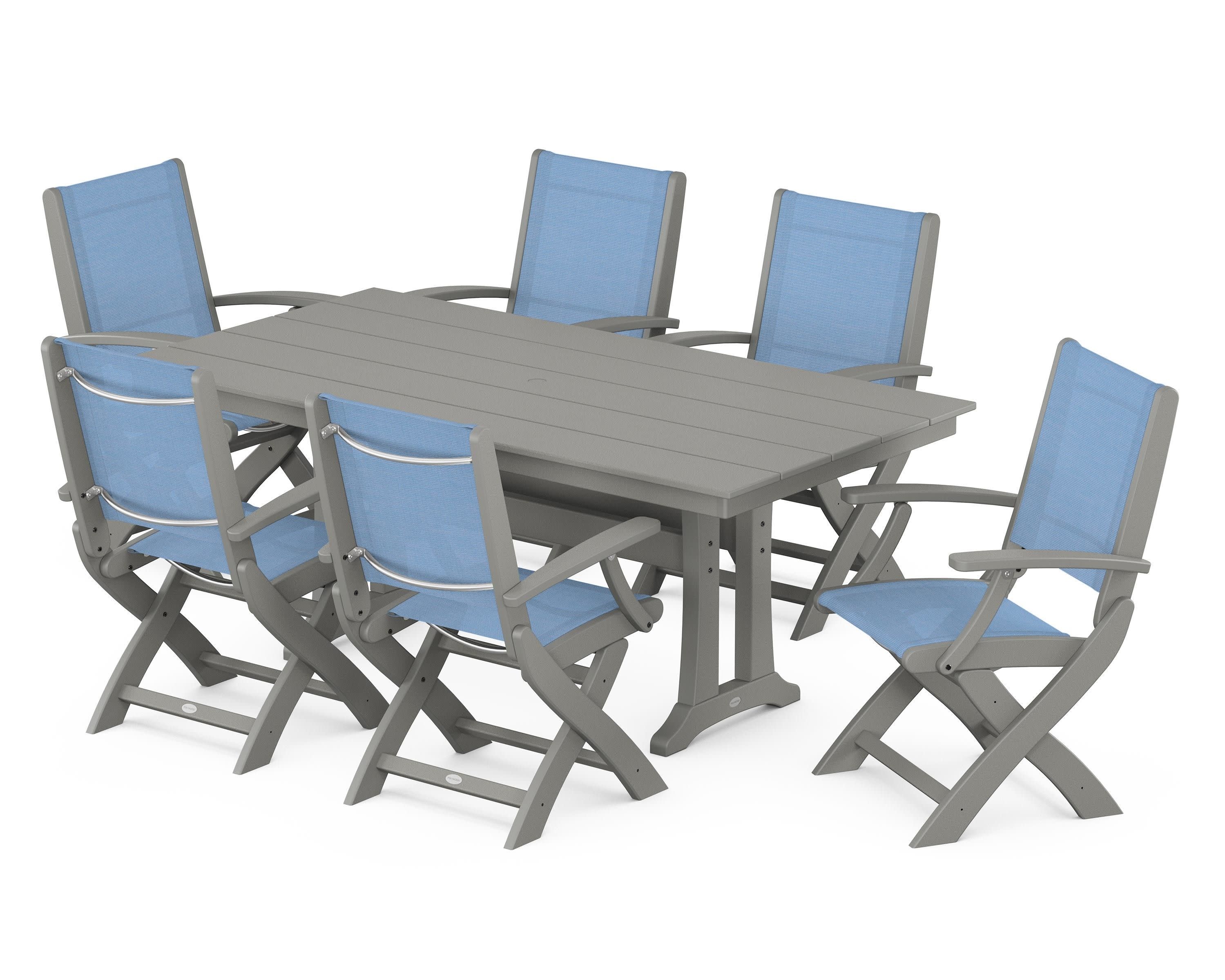 Coastal Folding Arm Chair 7-Piece Farmhouse Dining Set with Trestle Legs in Slate Grey / Poolside Sling