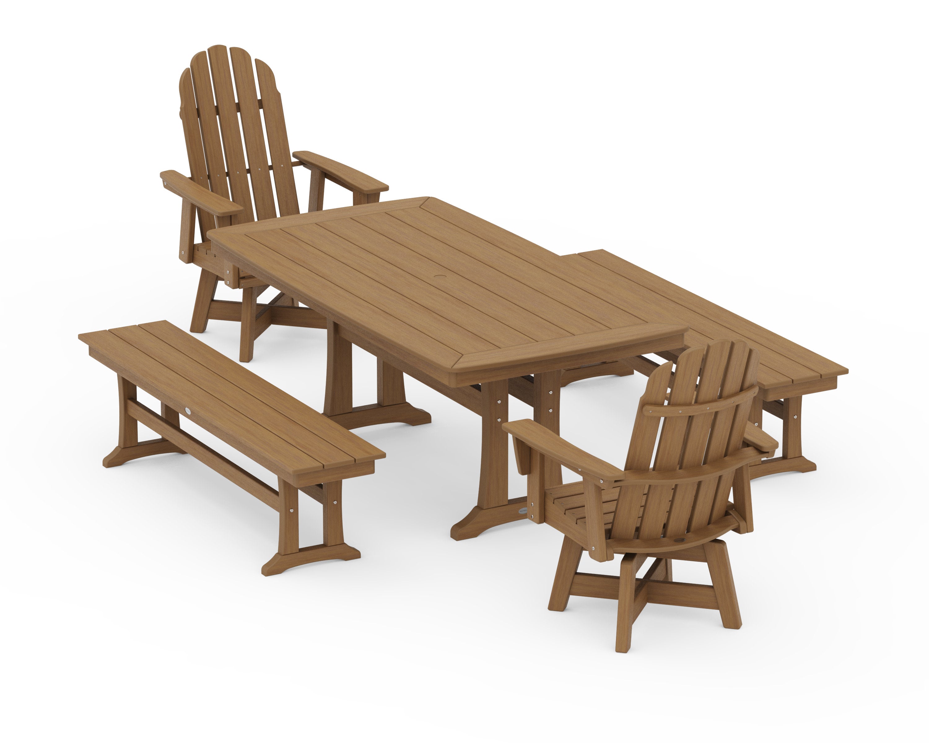 Vineyard Adirondack Swivel Chair 5-Piece Dining Set with Trestle Legs and Benches in Natural