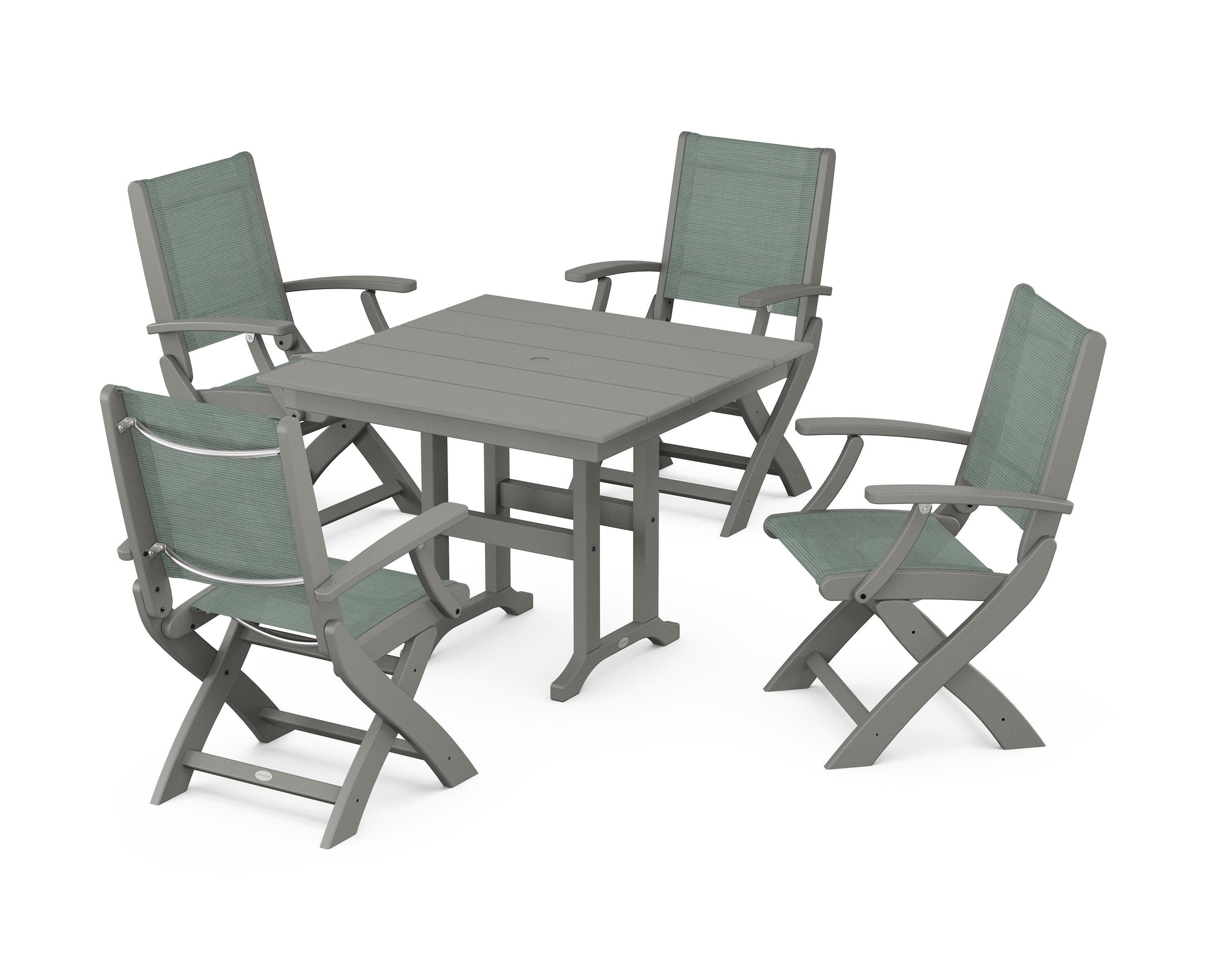Coastal Folding Chair 5-Piece Farmhouse Dining Set in Slate Grey / Dupioni Sea Mist Sling