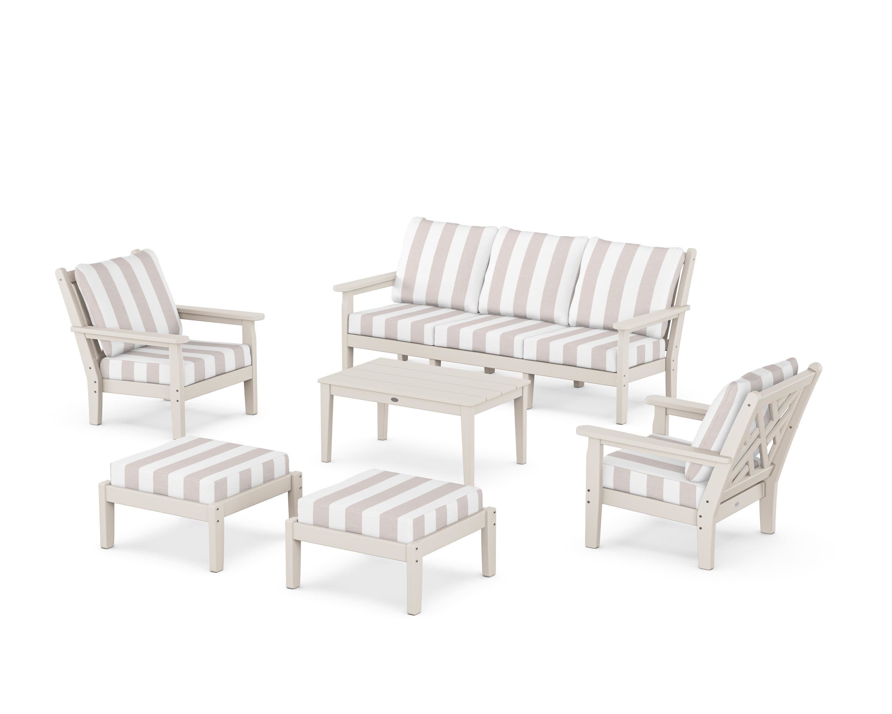 Chippendale 6-Piece Lounge Sofa Set in Sand / Cabana Stripe Dune Burlap