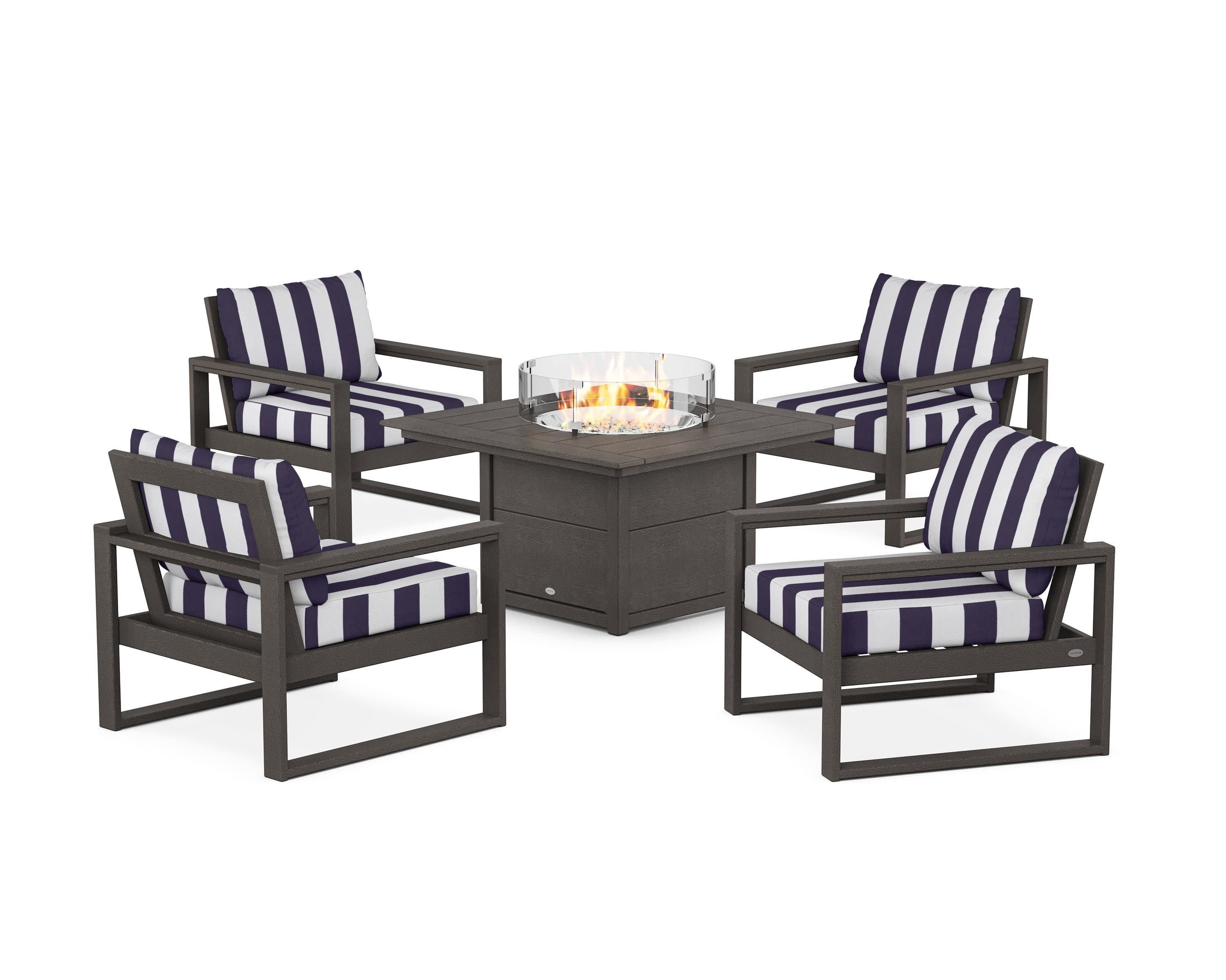 EDGE Sectional 5-Piece Deep Seating Set with Fire Pit Table in Vintage Coffee / Cabana Stripe Navy