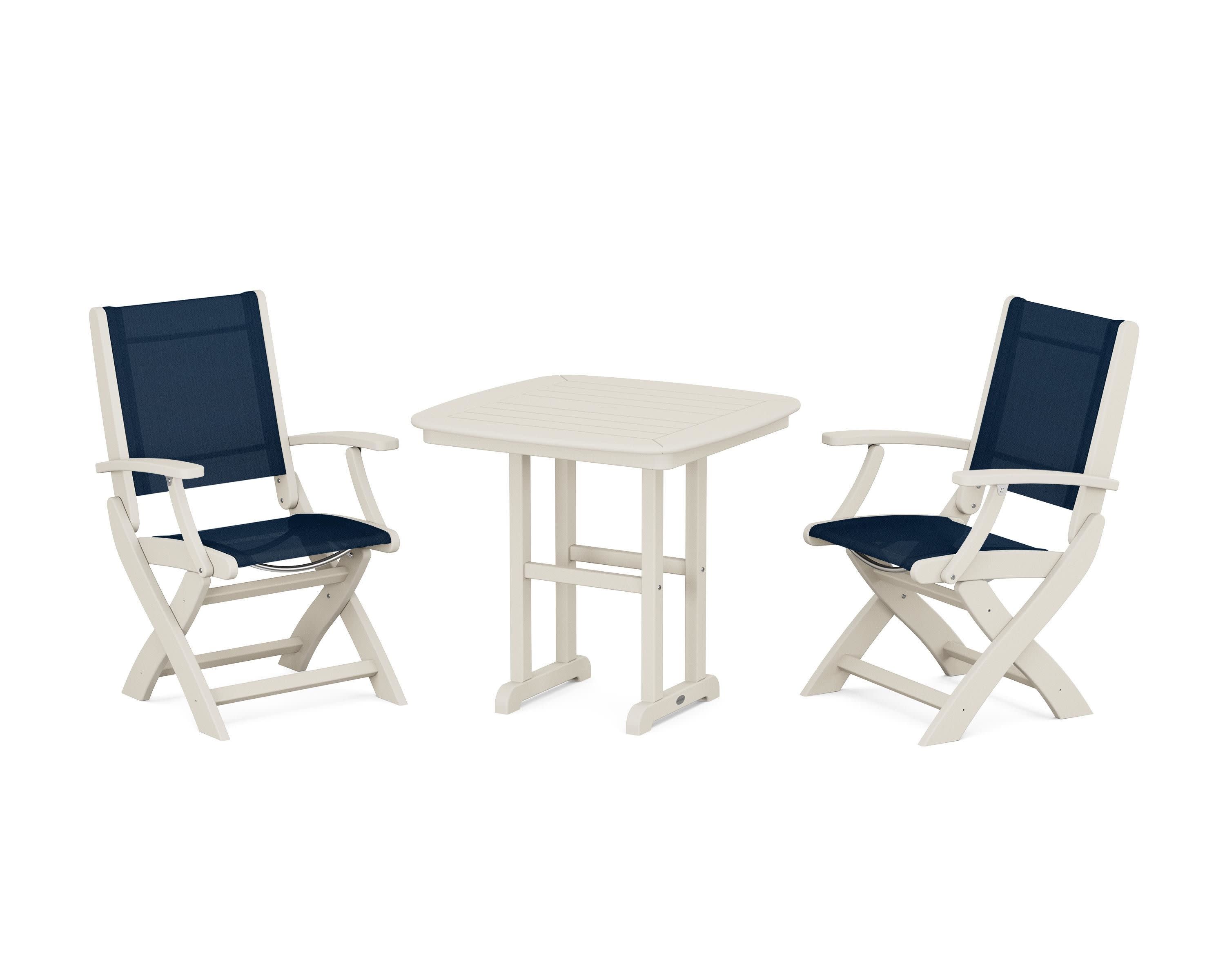 Coastal Folding Chair 3-Piece Dining Set in Sand / Navy Blue Sling