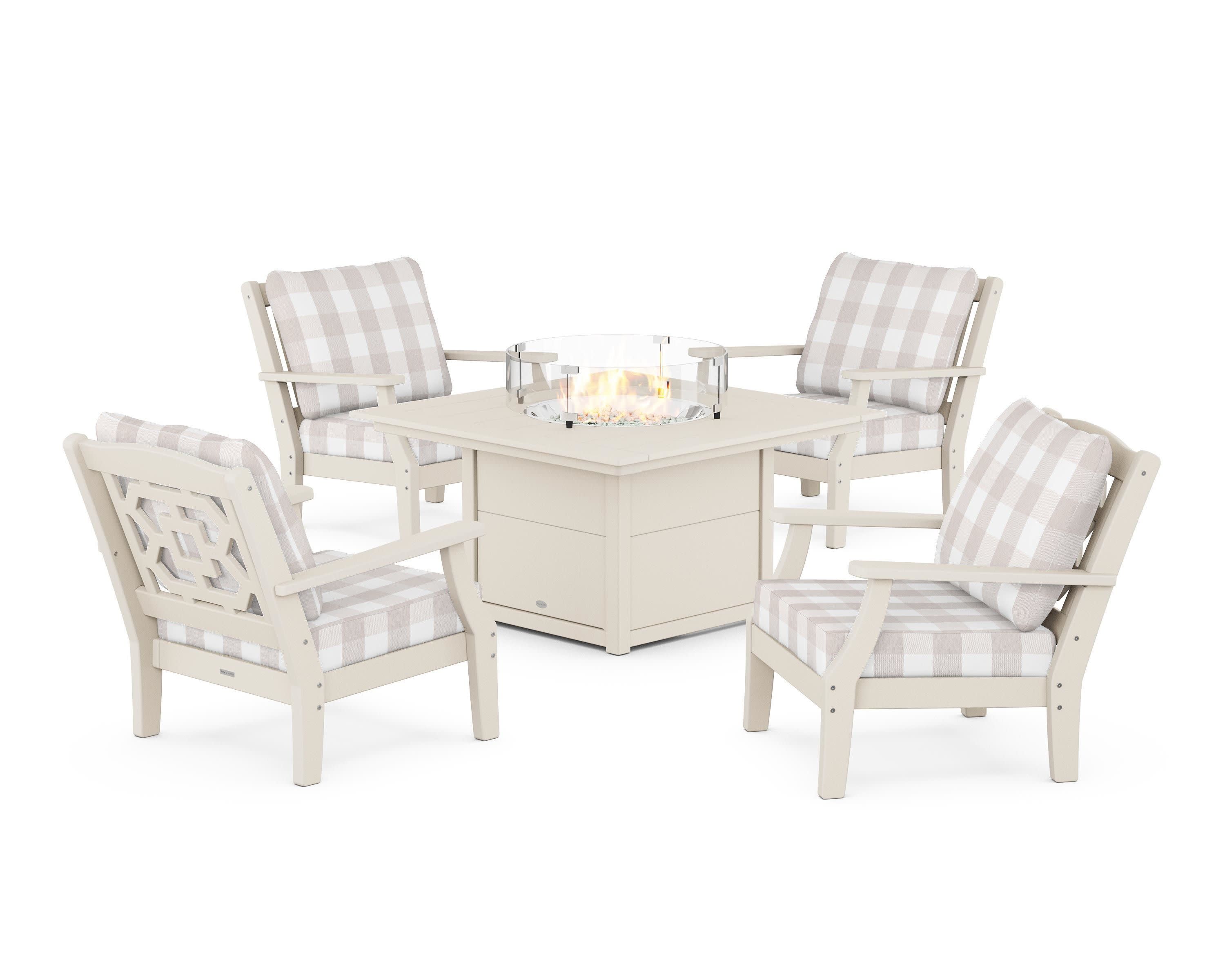 Chinoiserie 5-Piece Deep Seating Set with Fire Pit Table in Sand / Buffalo Plaid Dune Burlap