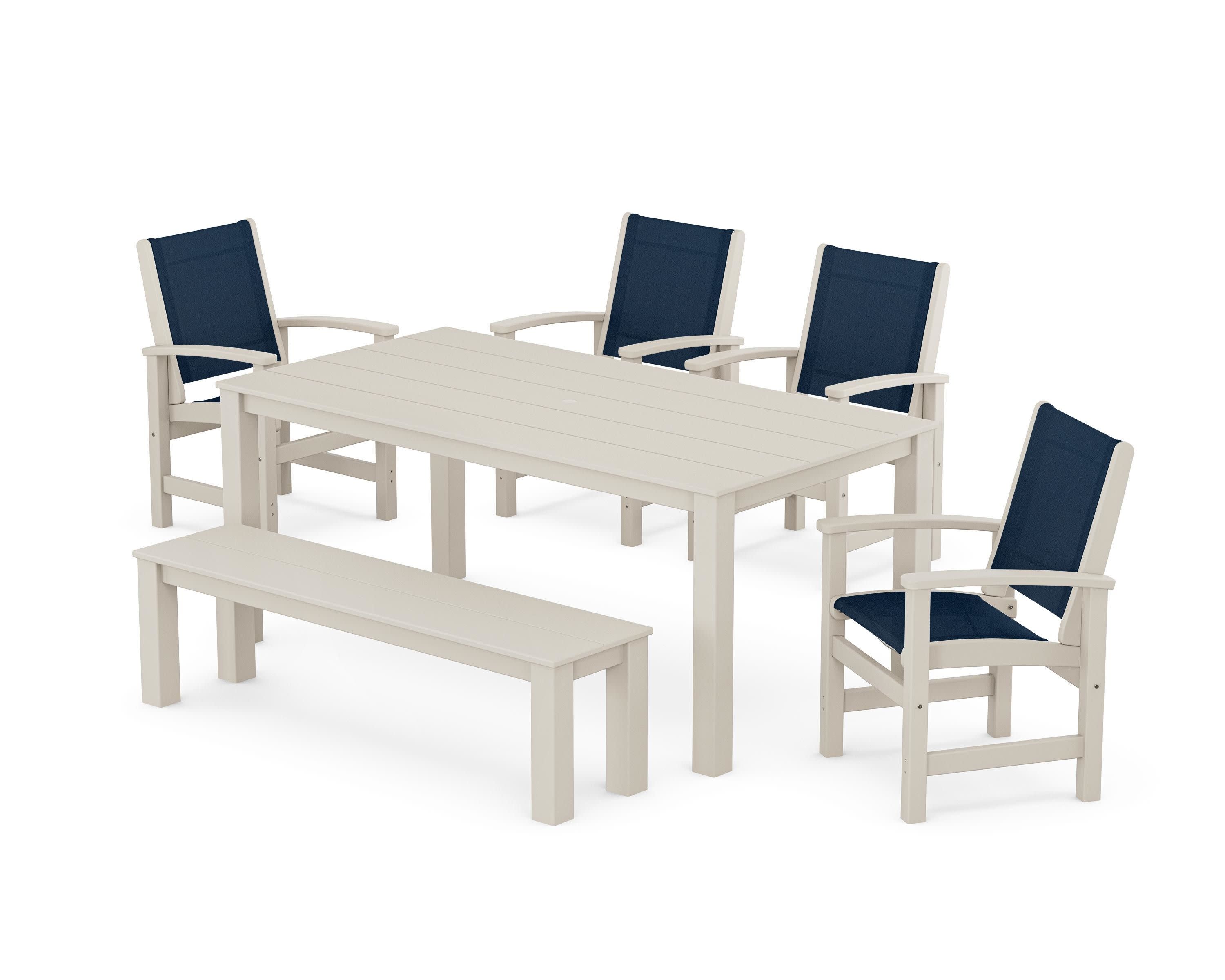 Coastal 6-Piece Parsons Dining Set with Bench in Sand / Navy Blue Sling