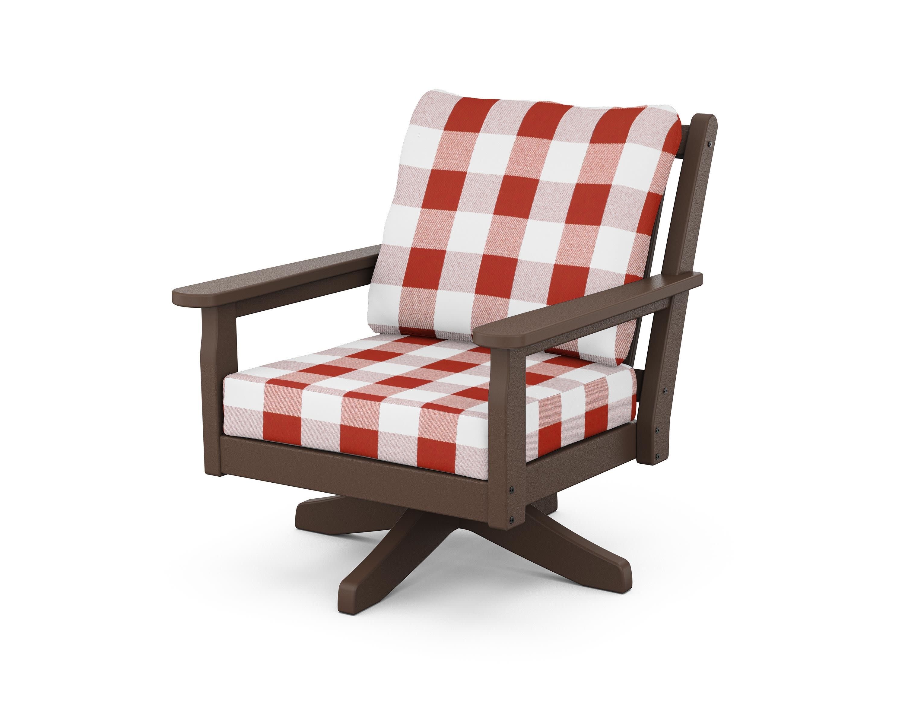 Chippendale Deep Seating Swivel Chair in Mahogany / Buffalo Plaid Crimson