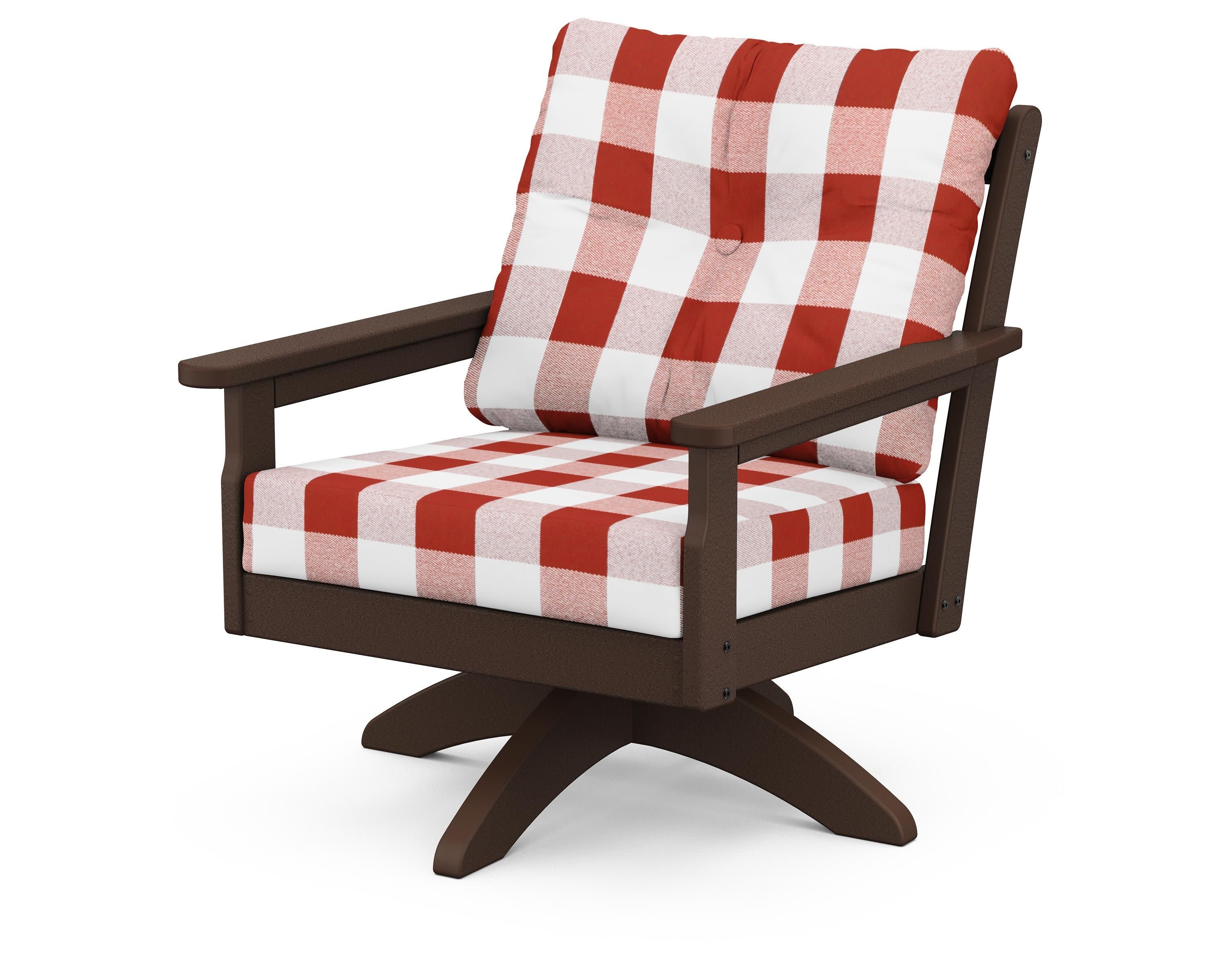 Vineyard Deep Seating Swivel Chair in Mahogany / Buffalo Plaid Crimson