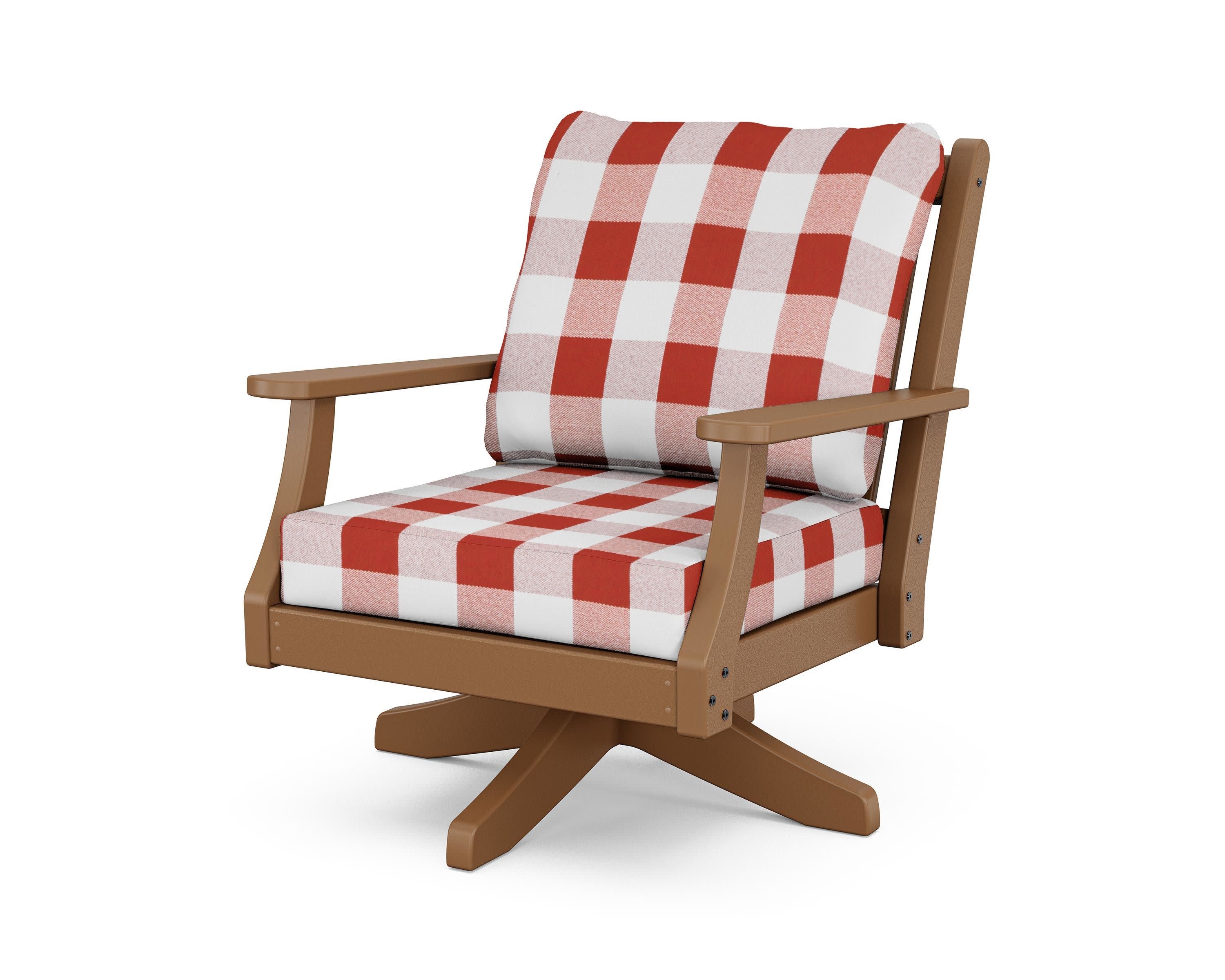 Wovendale Deep Seating Swivel Chair in Teak / Buffalo Plaid Crimson