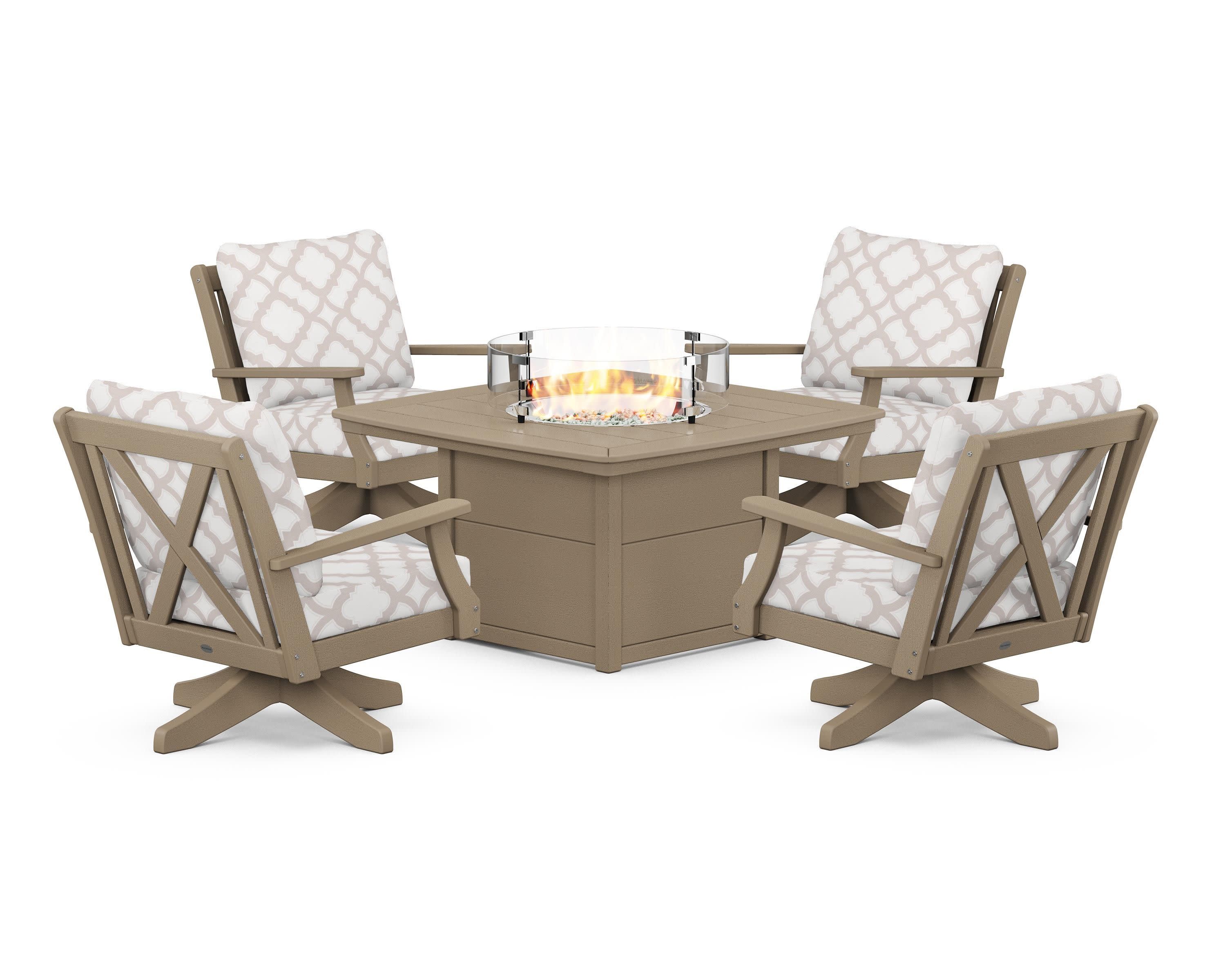 Braxton 5-Piece Deep Seating Swivel Conversation Set with Fire Pit Table in Vintage Sahara / Trellis Dune Burlap