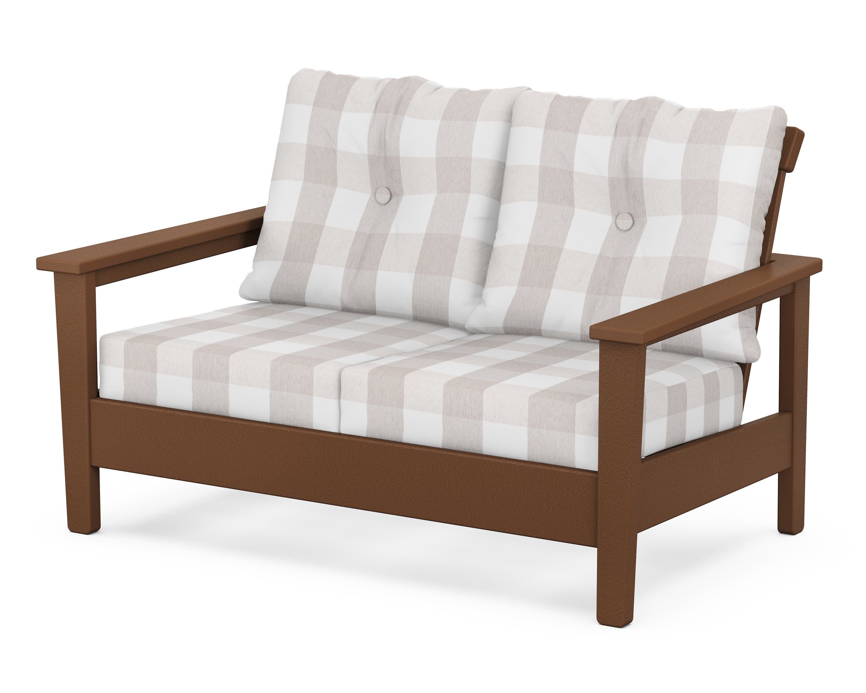 Prescott Deep Seating Loveseat in Teak / Buffalo Plaid Dune Burlap