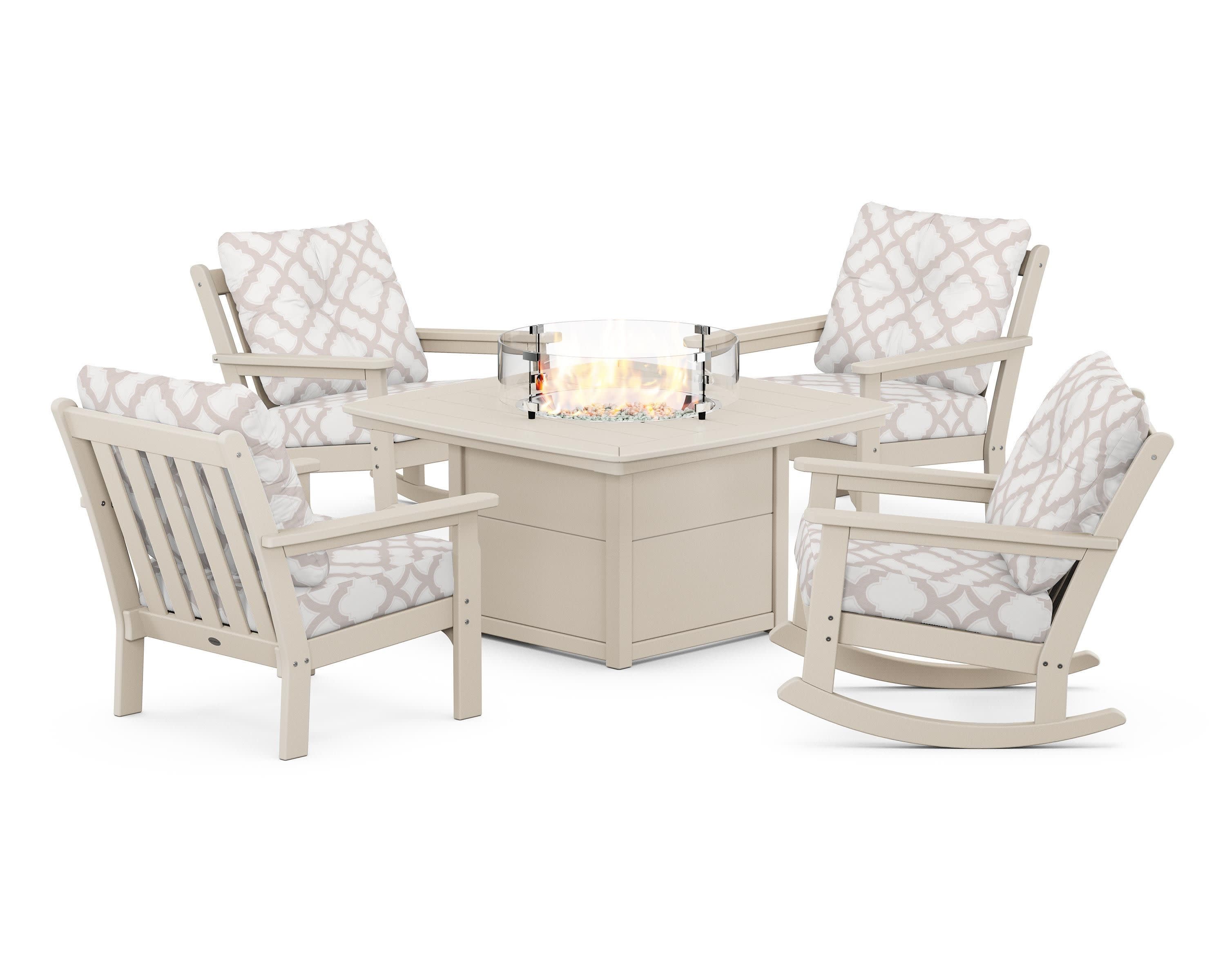 Vineyard 5-Piece Deep Seating Rocking Chair Conversation Set with Fire Pit Table in Sand / Trellis Dune Burlap