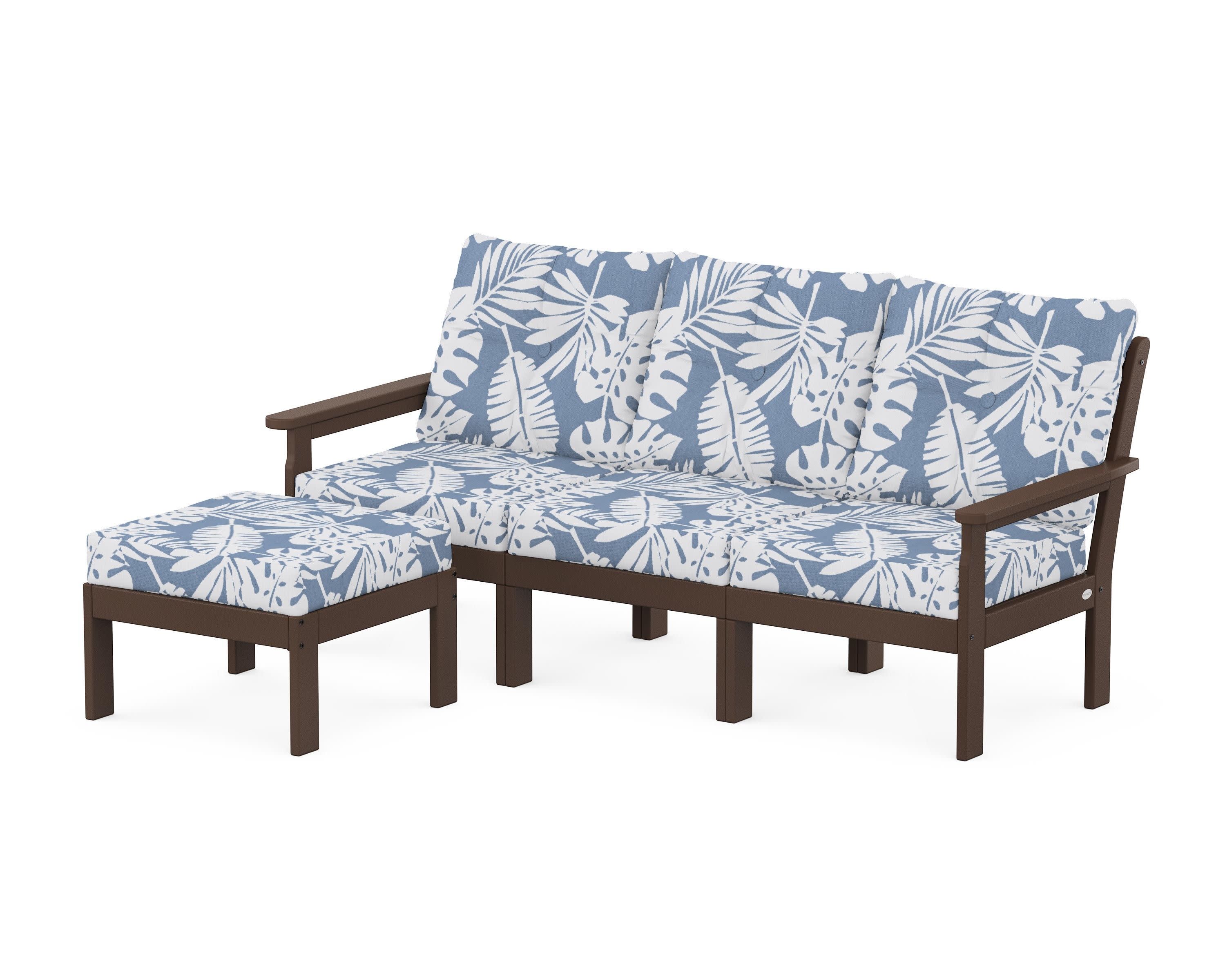 Vineyard 4-Piece Sectional with Ottoman in Mahogany / Leaf Sky Blue