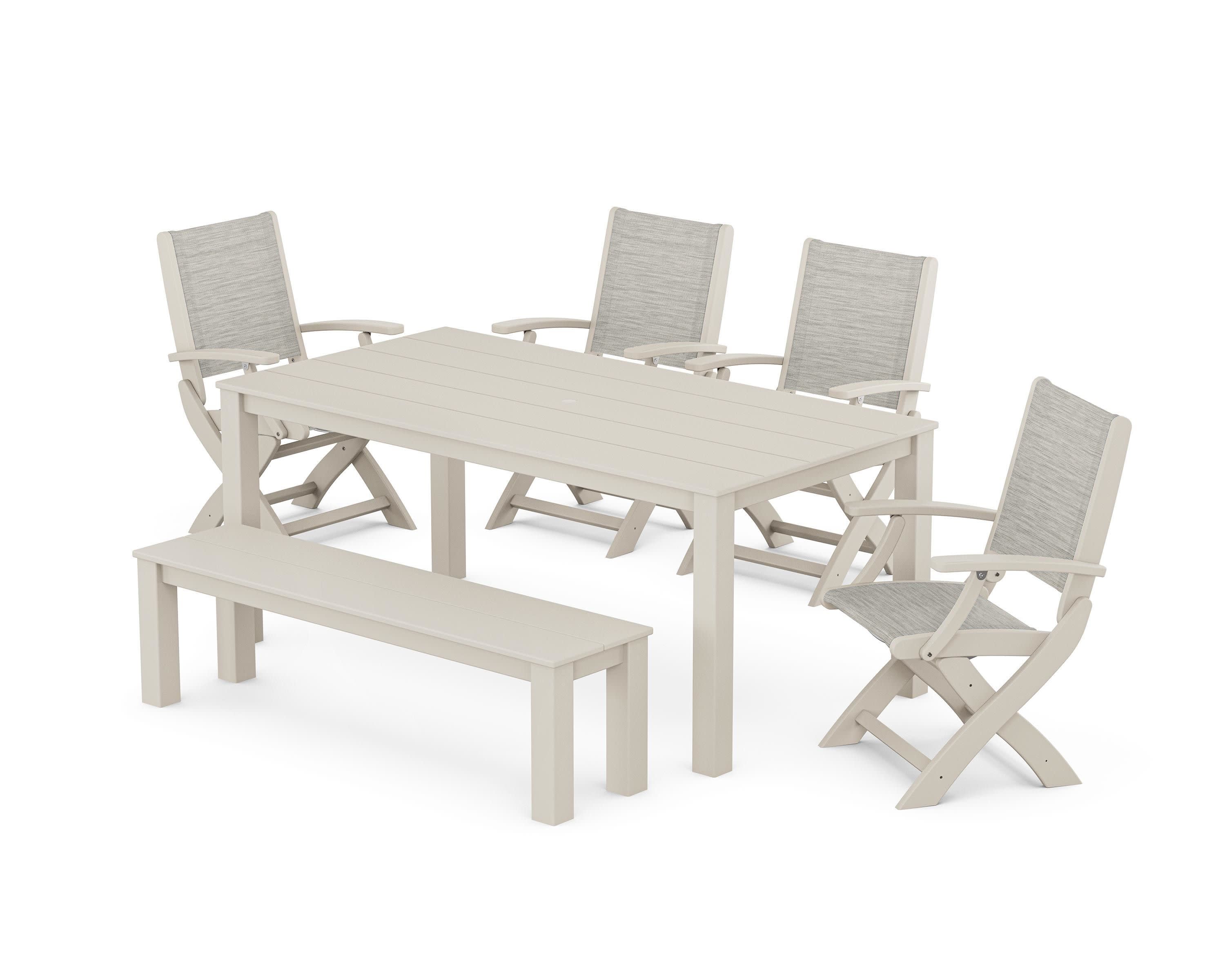 Coastal Folding Chair 6-Piece Parsons Dining Set with Bench in Sand / Birch Sling
