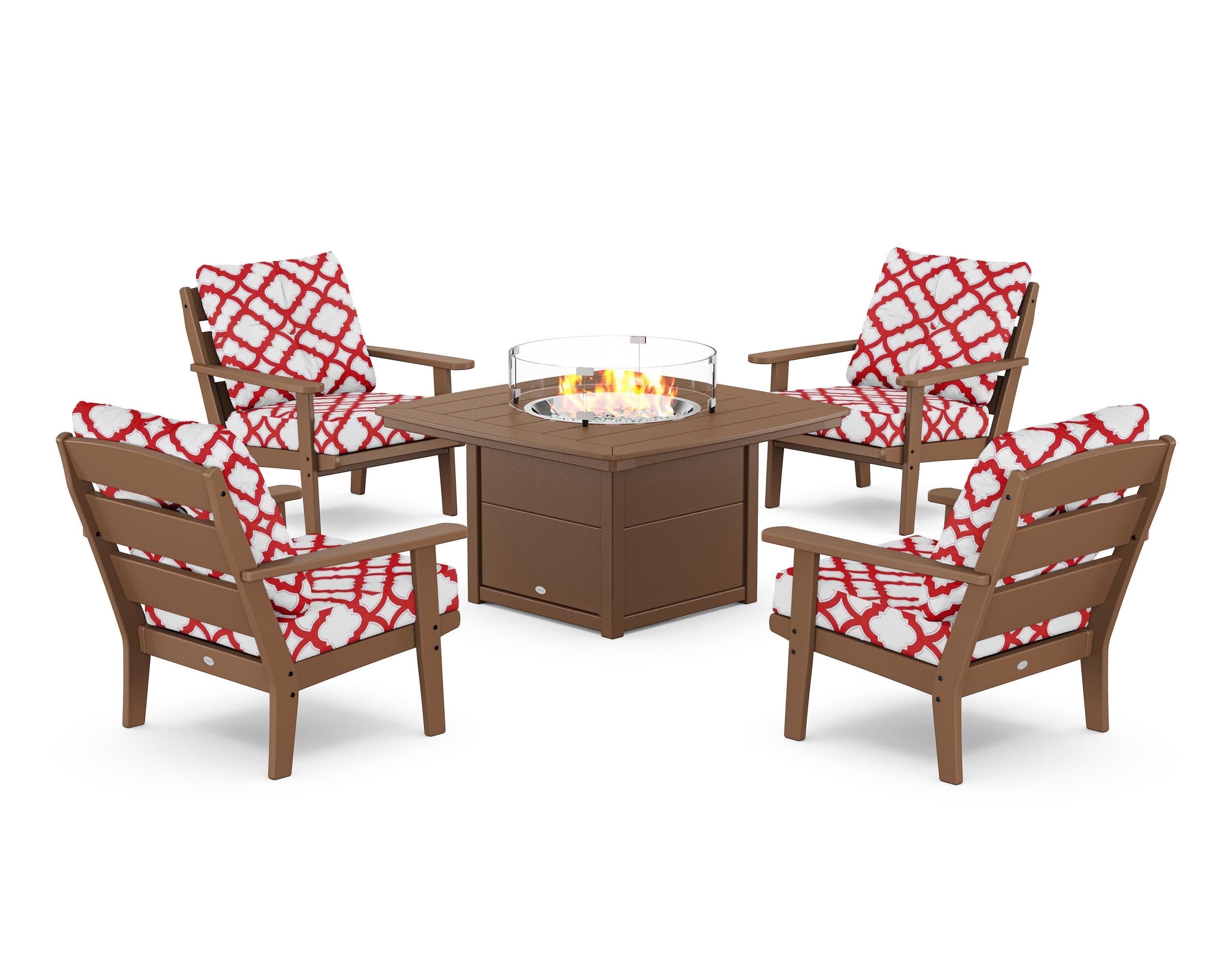 Lakeside 5-Piece Deep Seating Set with Nautical Fire Pit Table in Teak / Trellis Crimson