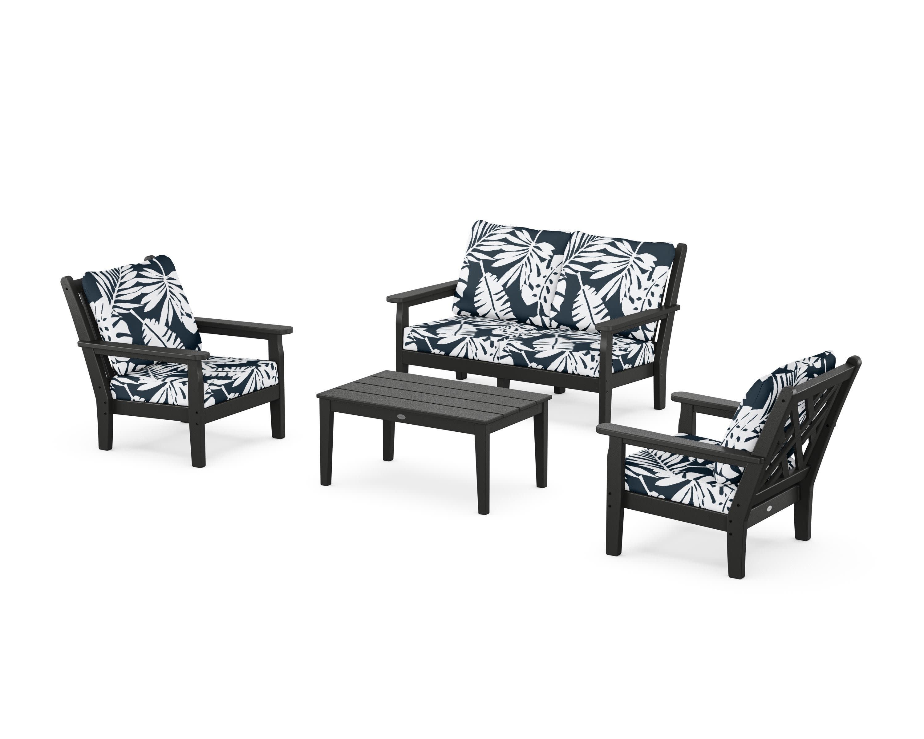 Chippendale 4-Piece Deep Seating Set with Loveseat in Black / Leaf Marine Indigo