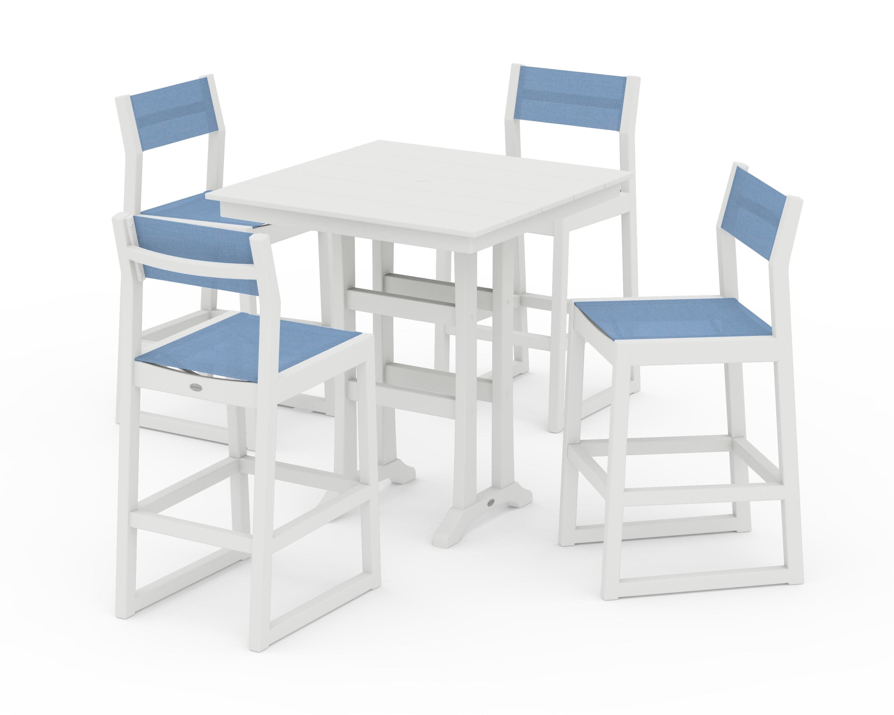 EDGE Sling Arm Chair 5-Piece Farmhouse Bar Set with Trestle Legs in Vintage White / Poolside Sling