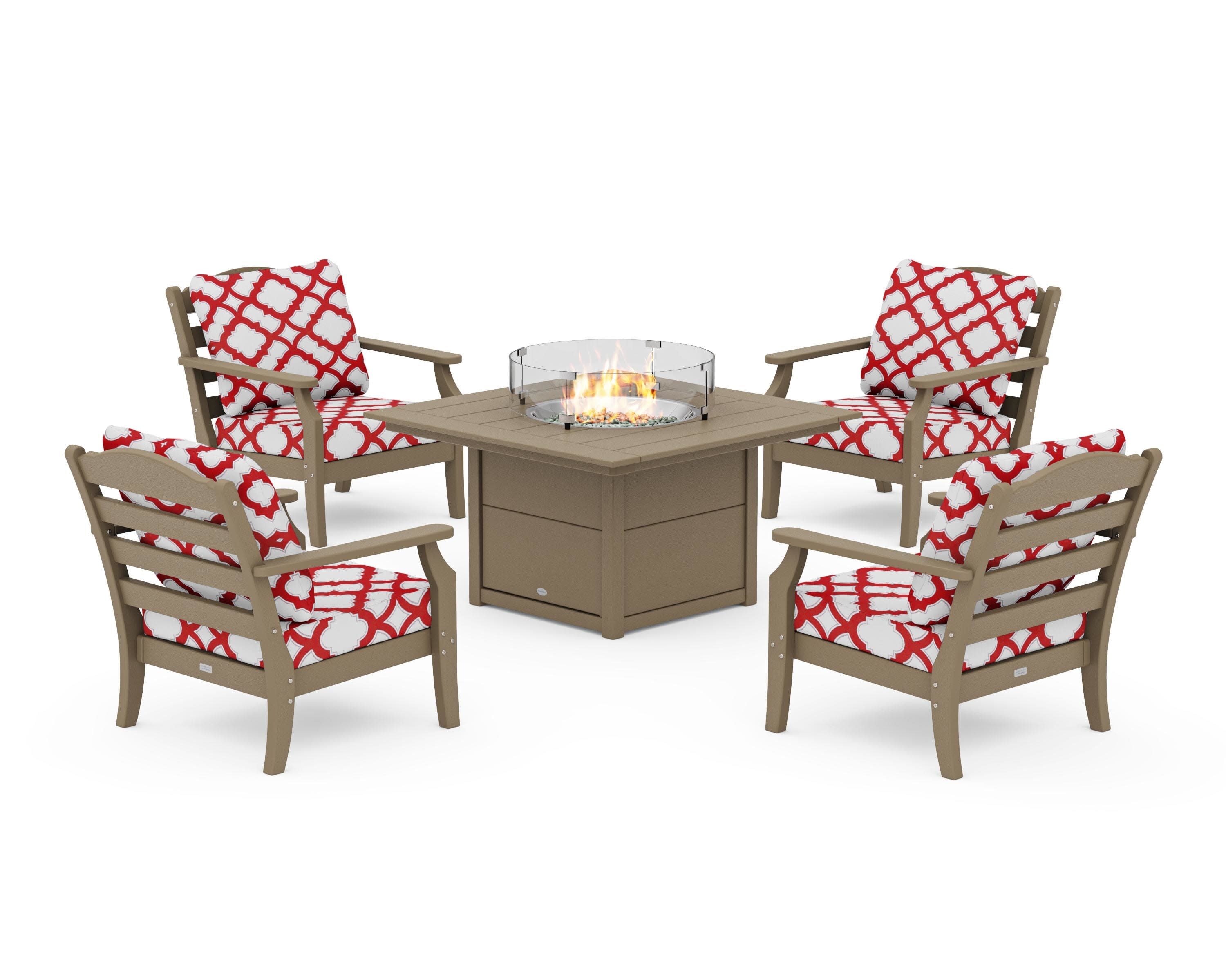 Savannah 5-Piece Deep Seating Set with Fire Pit Table in Vintage Sahara / Trellis Crimson