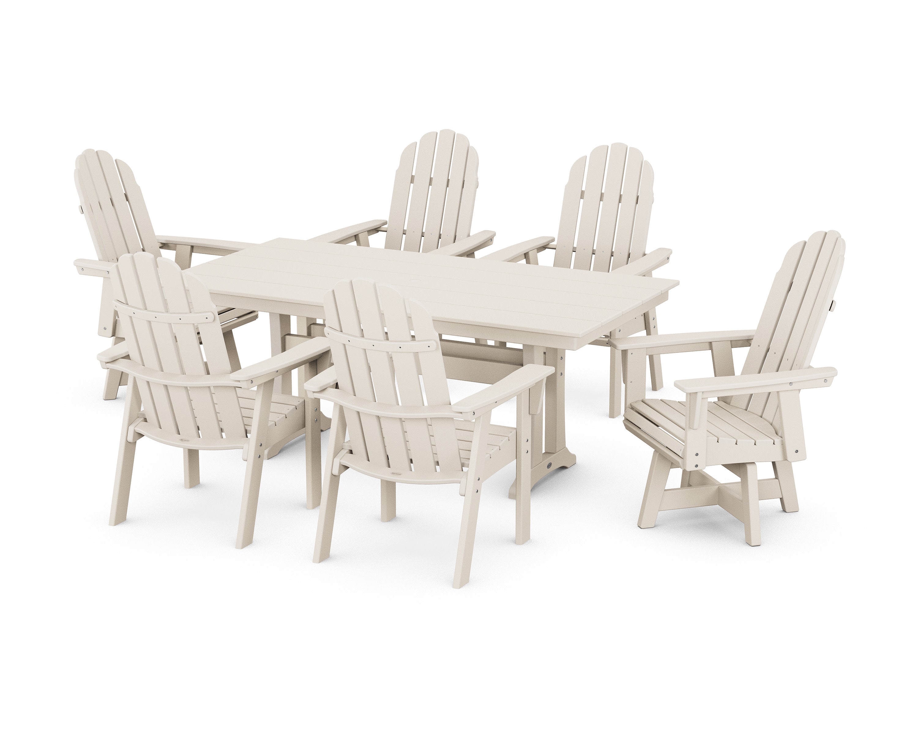 Vineyard Curveback Adirondack Swivel Chair 7-Piece Farmhouse Dining Set with Trestle Legs in Sand