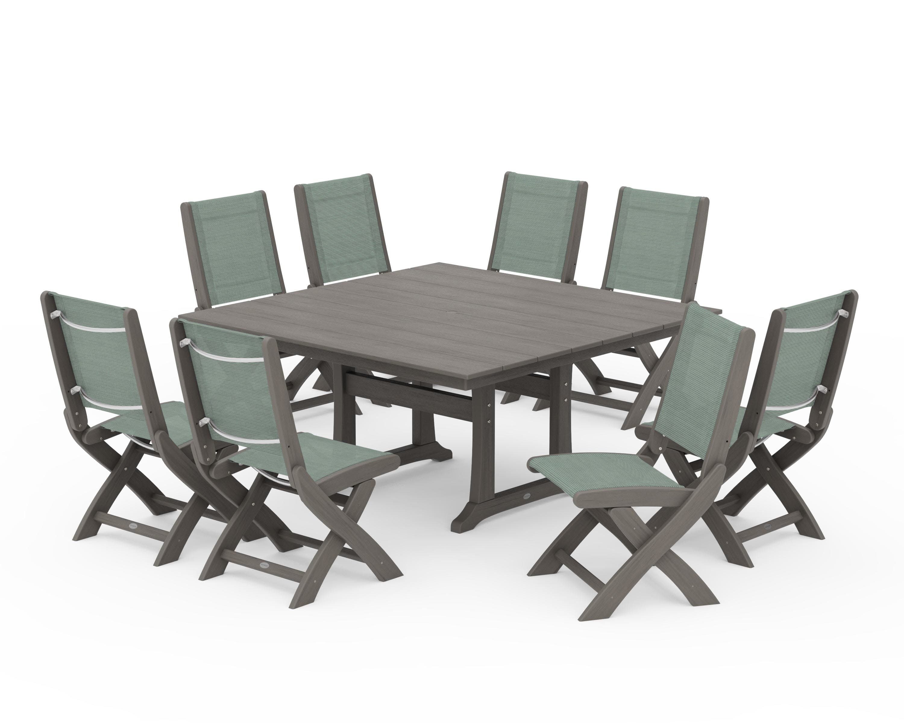 Coastal Folding Side Chair 9-Piece Farmhouse Dining Set in Driftwood / Dupioni Sea Mist Sling