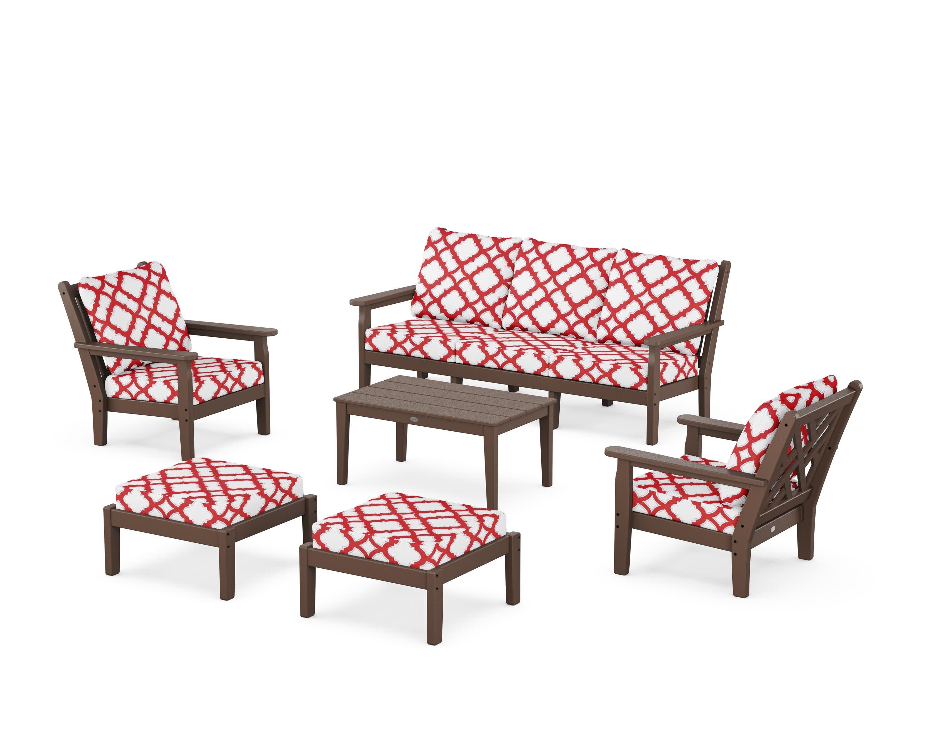 Chippendale 6-Piece Lounge Sofa Set in Mahogany / Trellis Crimson