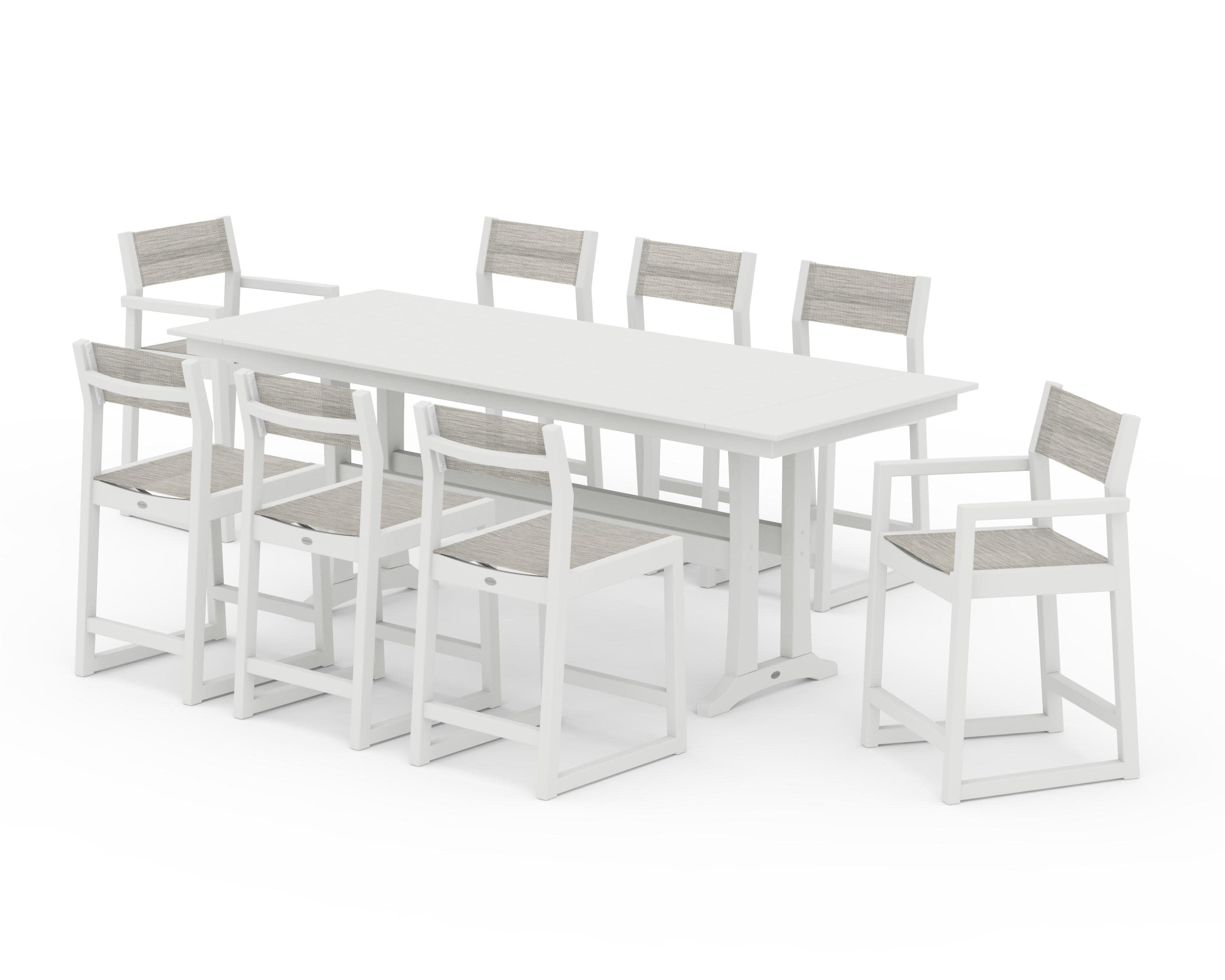 EDGE Sling 9-Piece Farmhouse Counter Set with Trestle Legs in Vintage White / Birch Sling