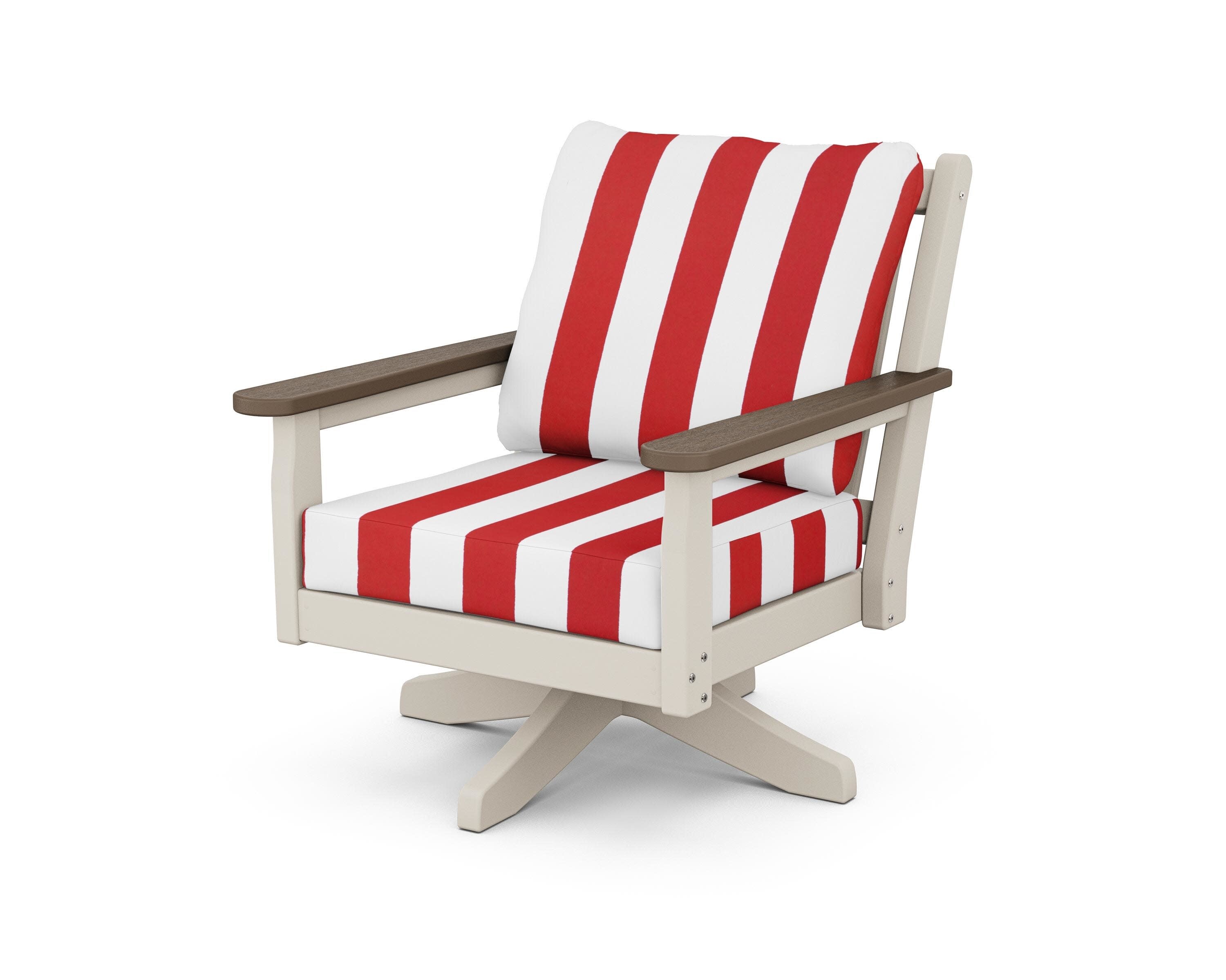 Chippendale Deep Seating Swivel Chair in Sand / Kona / Cabana Stripe Crimson