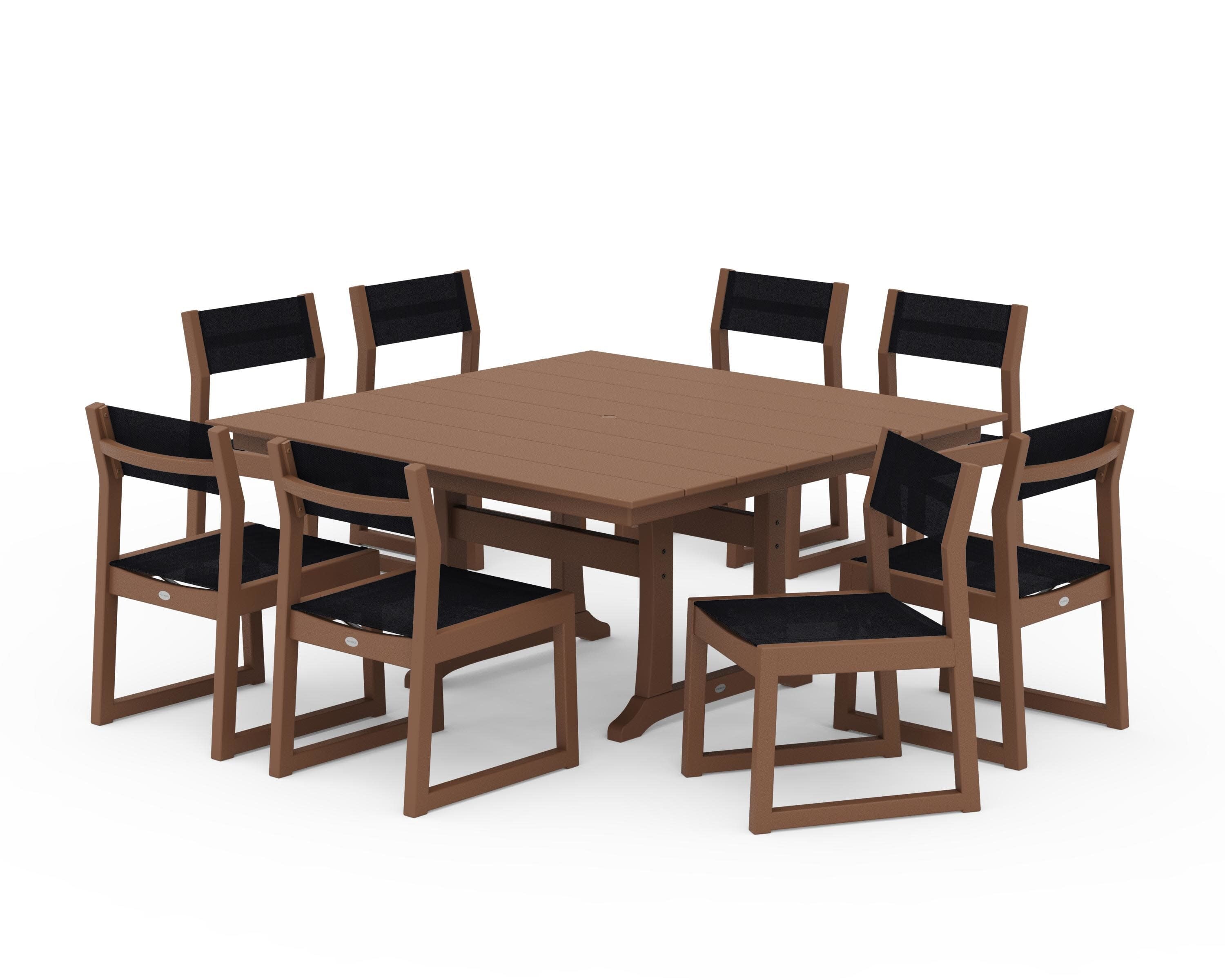 EDGE Sling Side Chair 9-Piece Farmhouse Trestle Dining Set in Teak / Black Sling