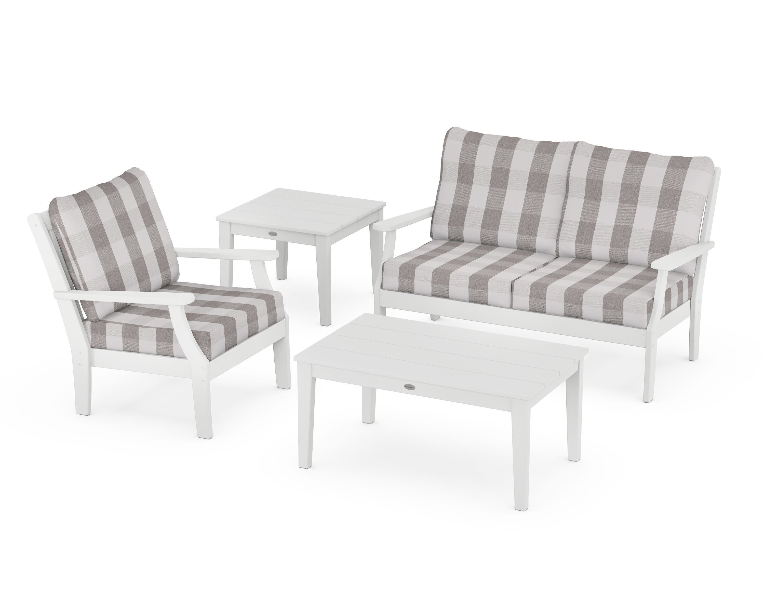 Braxton 4-Piece Deep Seating Set in White / Buffalo Plaid Grey Mist