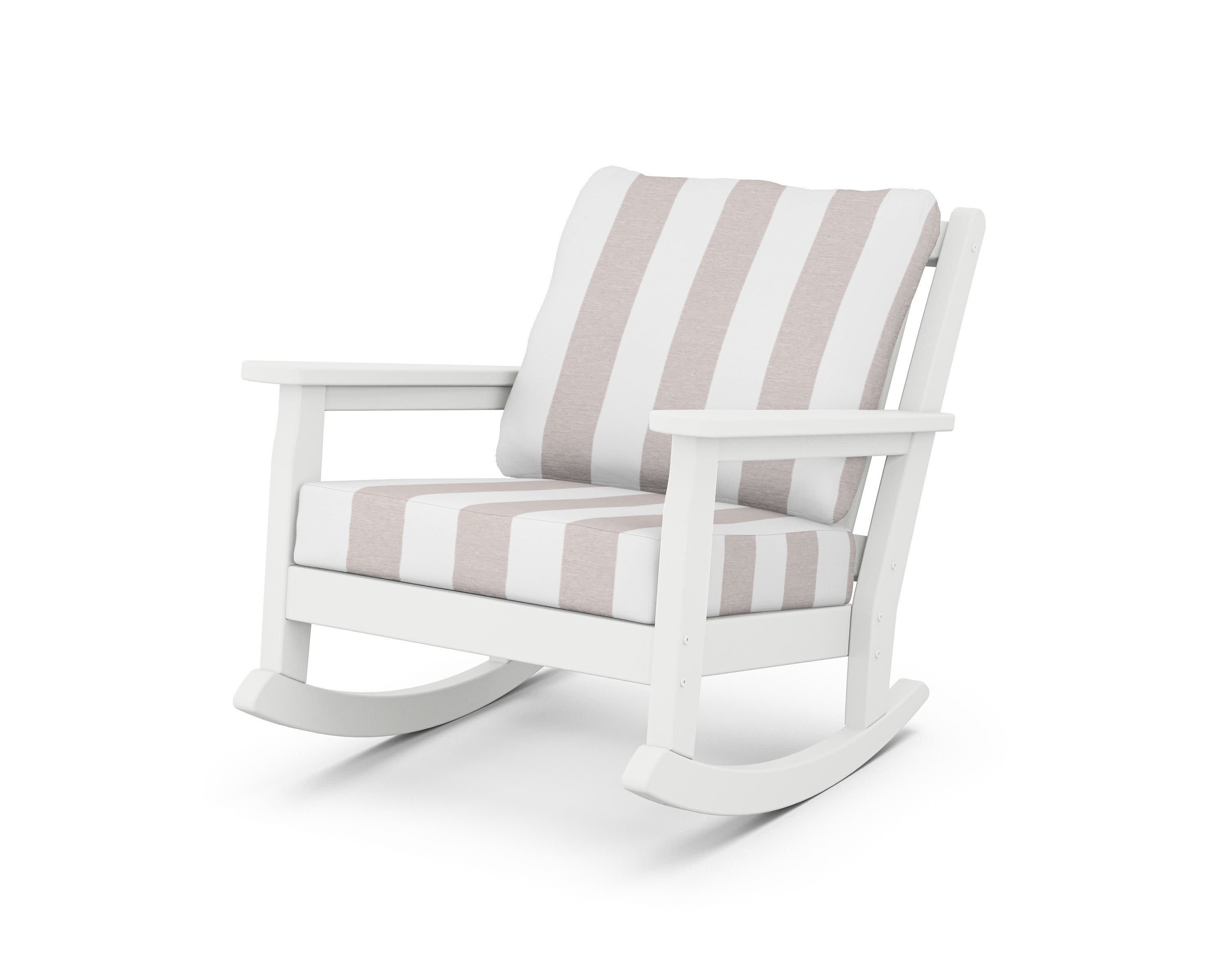 Chippendale Deep Seating Rocking Chair in White / Cabana Stripe Dune Burlap