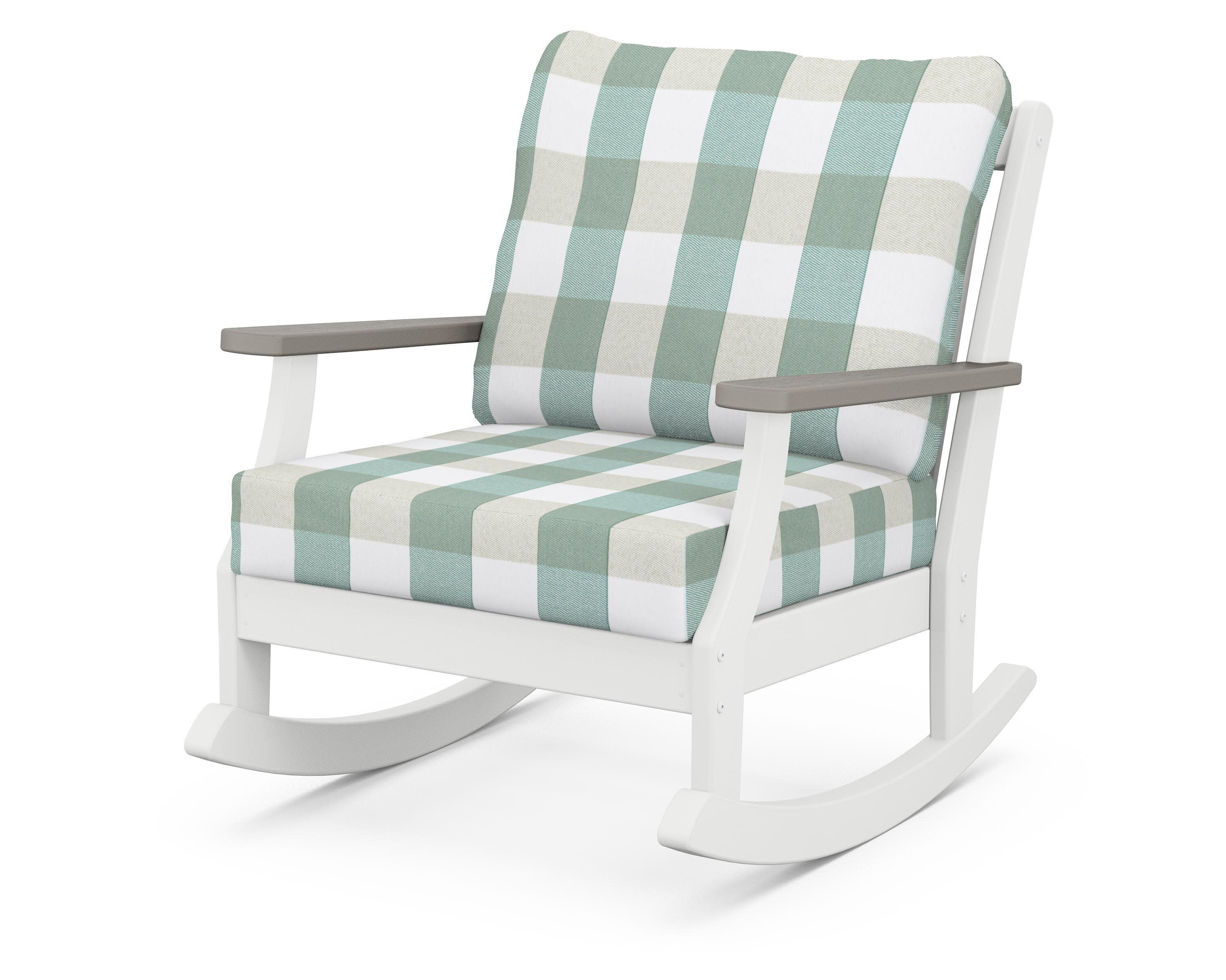 Braxton Deep Seating Rocking Chair in White / Driftwood / Buffalo Plaid Glacier Spa
