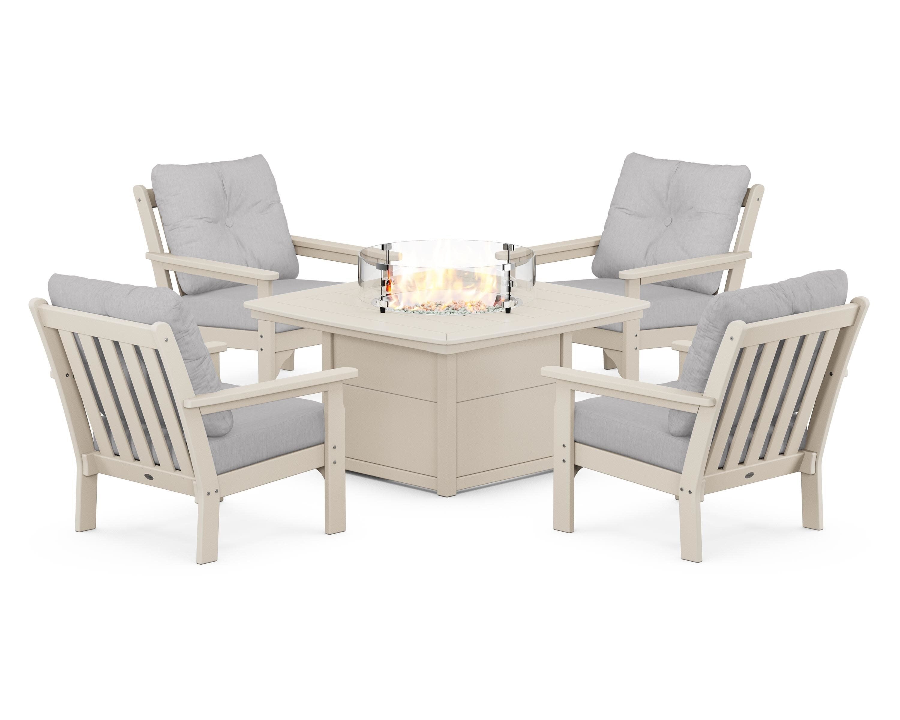 Vineyard 5-Piece Conversation Set with Fire Pit Table in Sand / Granite