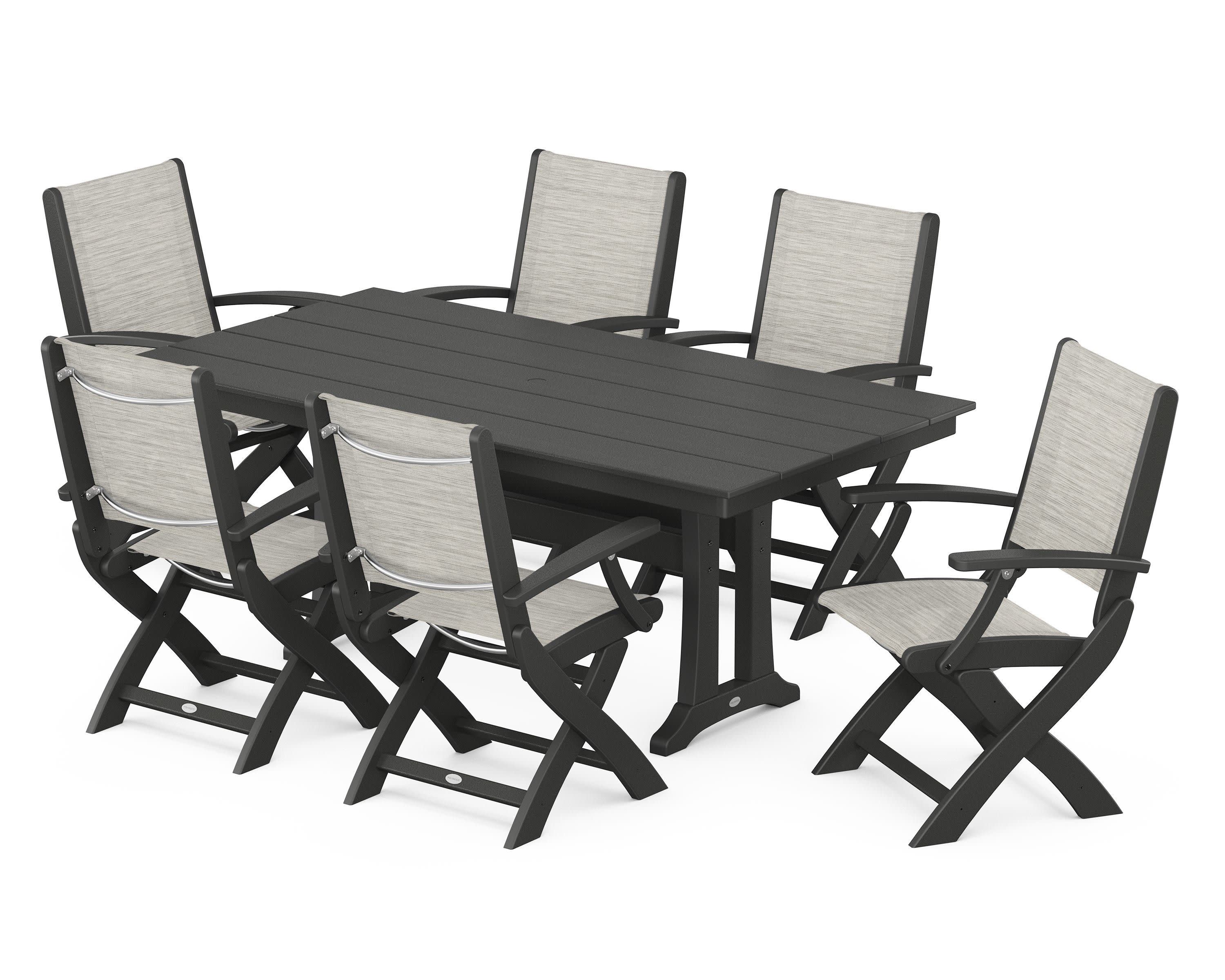 Coastal Folding Arm Chair 7-Piece Farmhouse Dining Set with Trestle Legs in Black / Birch Sling