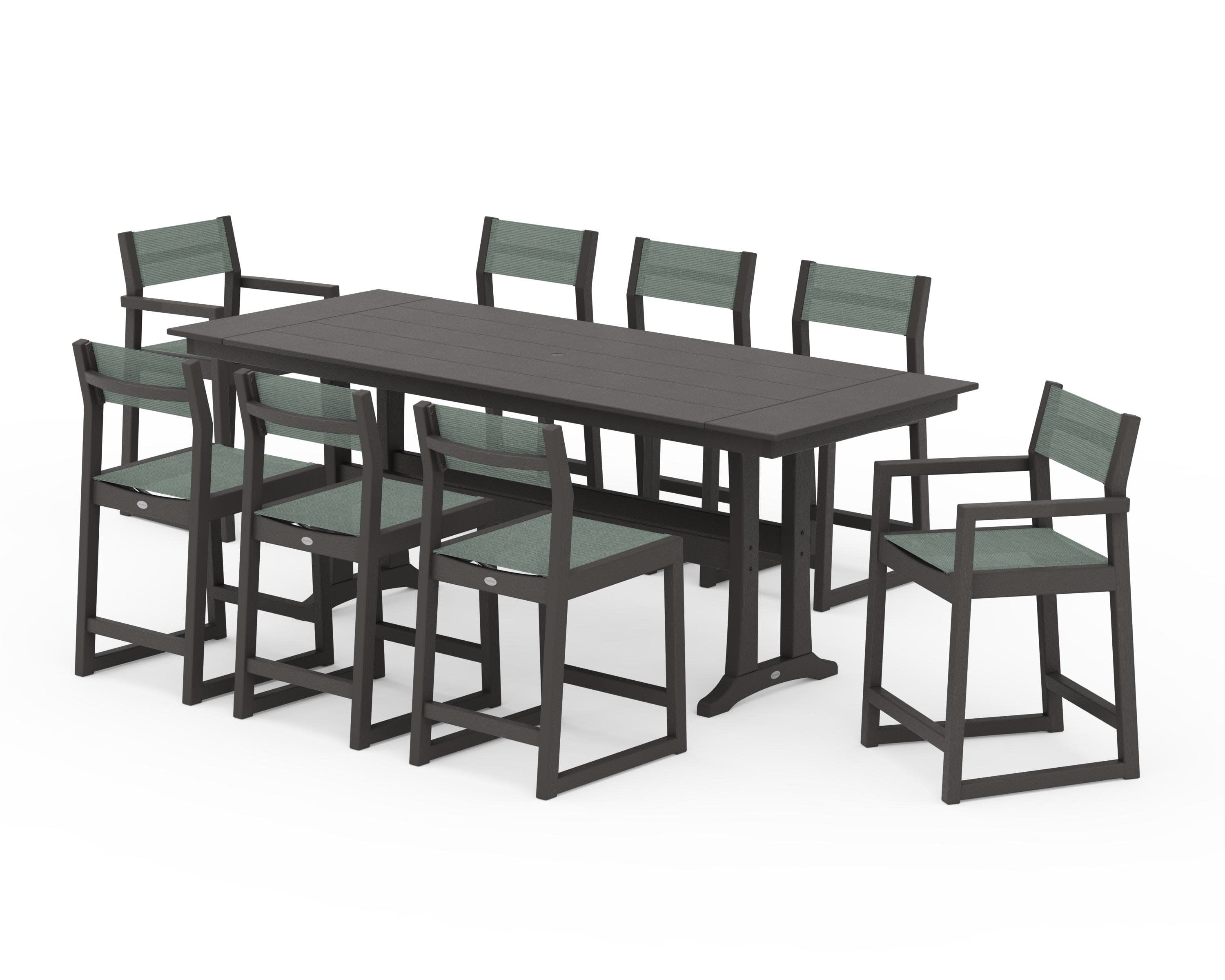 EDGE Sling 9-Piece Farmhouse Counter Set with Trestle Legs in Vintage Coffee / Dupioni Sea Mist Sling