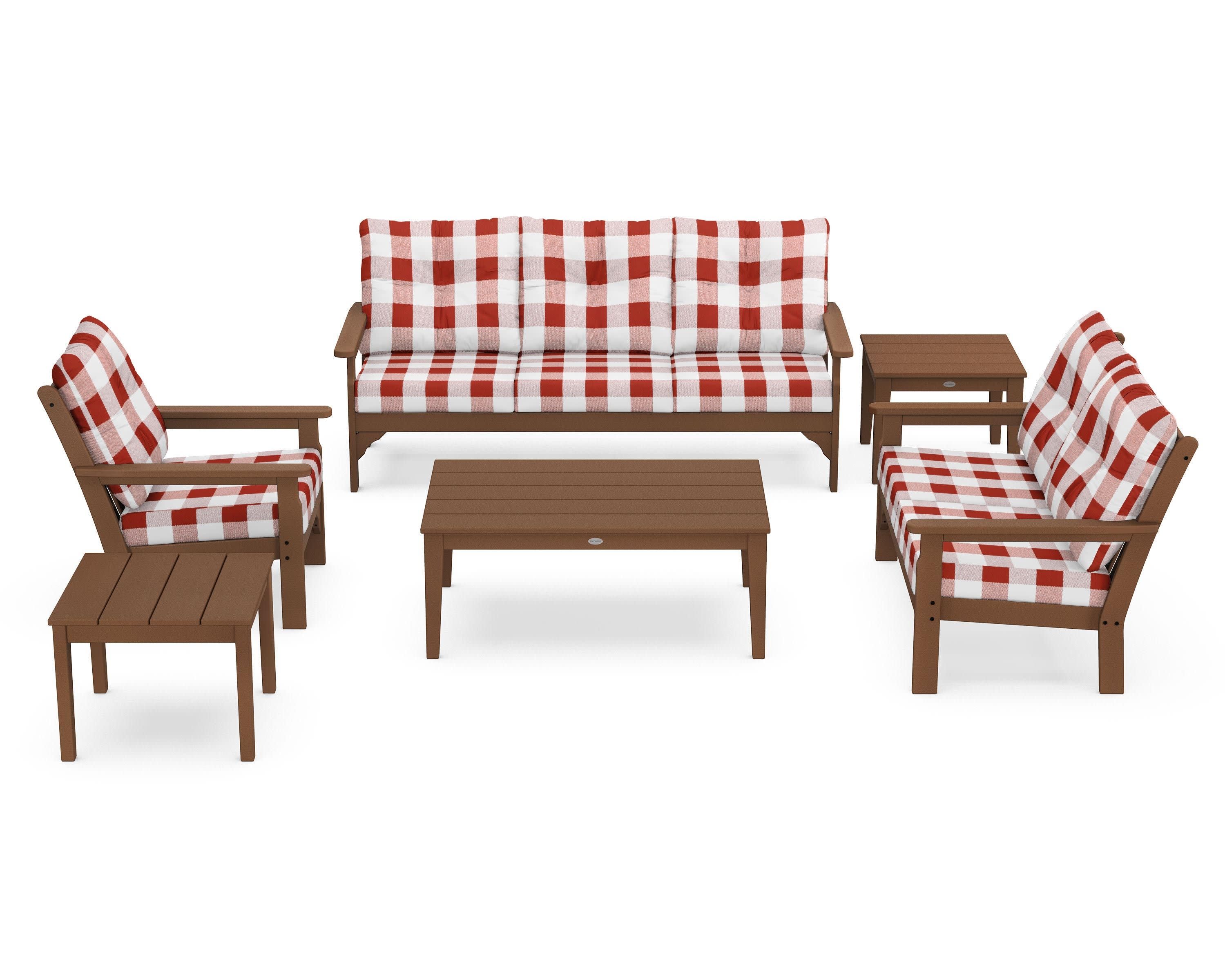 Vineyard 6-Piece Deep Seating Set in Teak / Buffalo Plaid Crimson