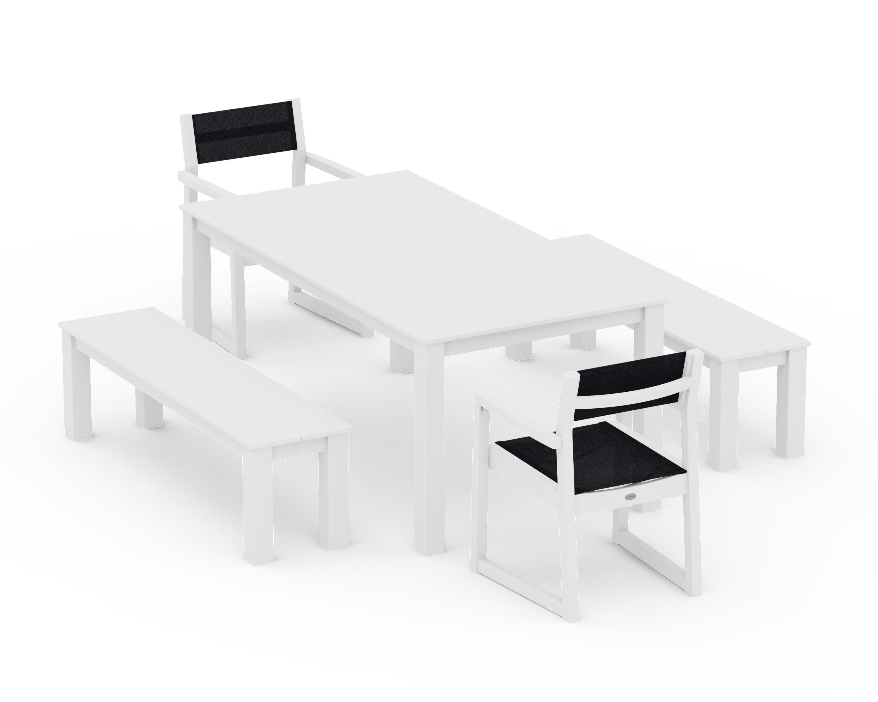 EDGE Sling Arm Chair 5-Piece Parsons Dining Set with Benches in White / Black Sling