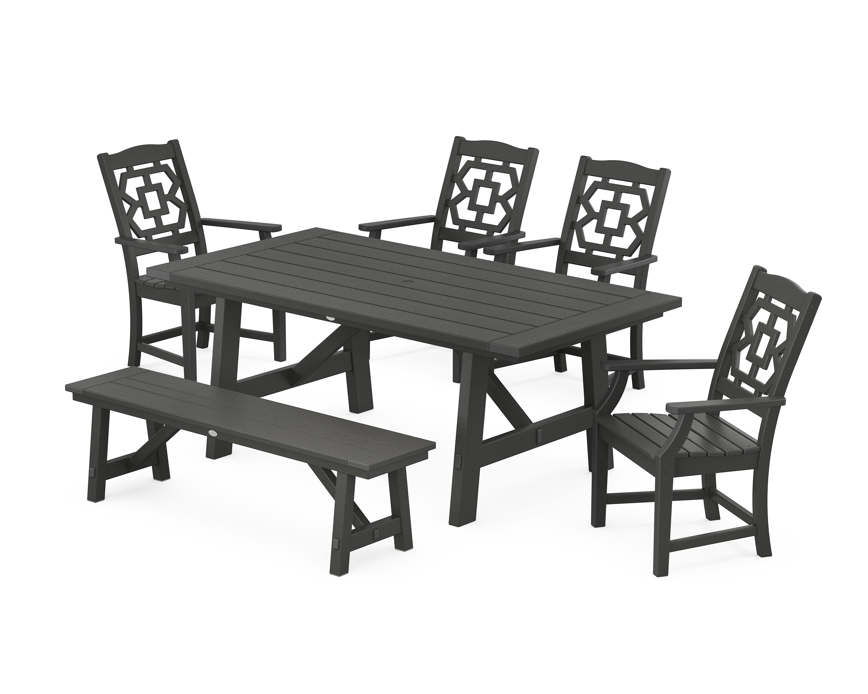 Chinoiserie 6-Piece Rustic Farmhouse Dining Set with Bench in Black
