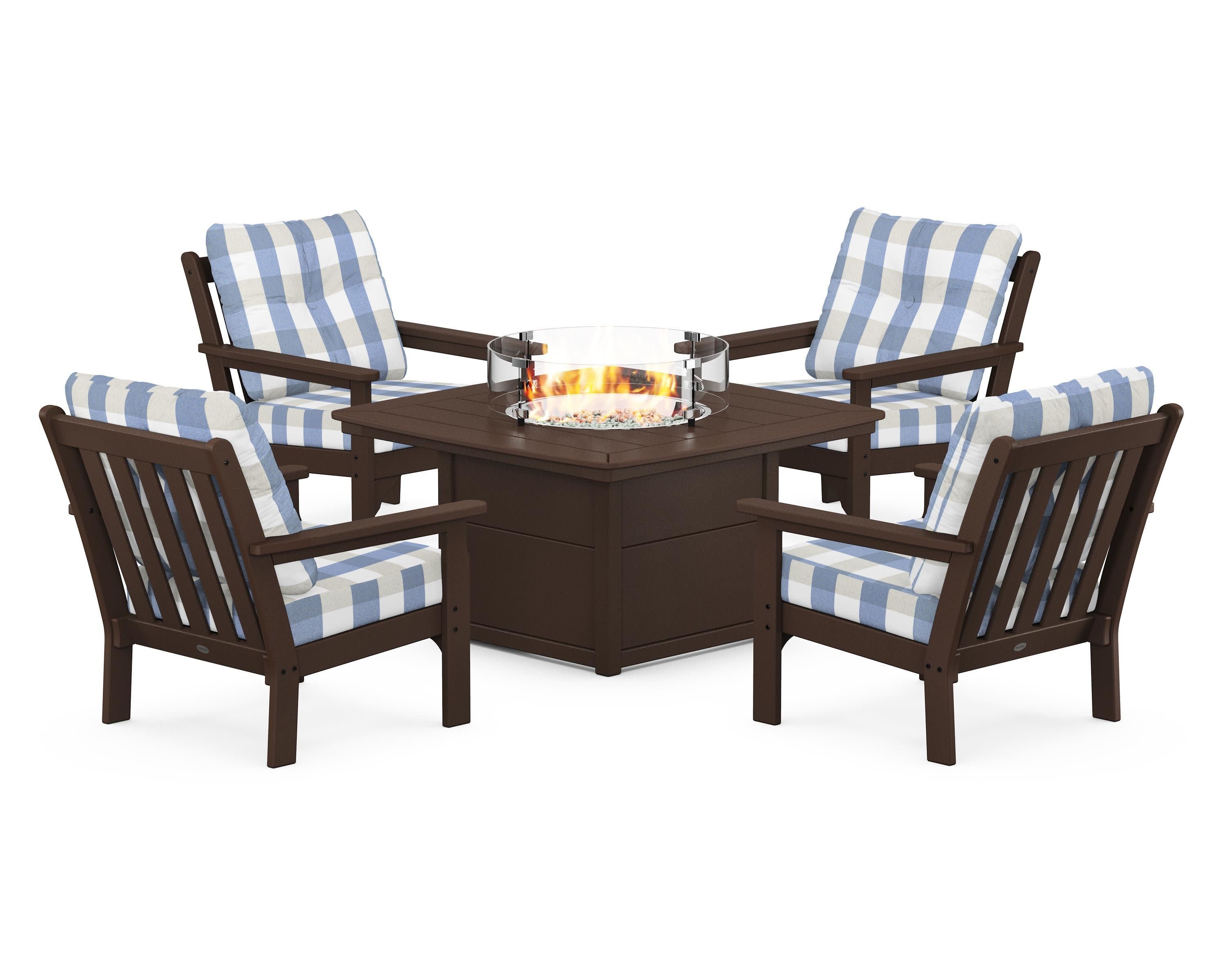 Vineyard 5-Piece Conversation Set with Fire Pit Table in Mahogany / Buffalo Plaid Sky Blue
