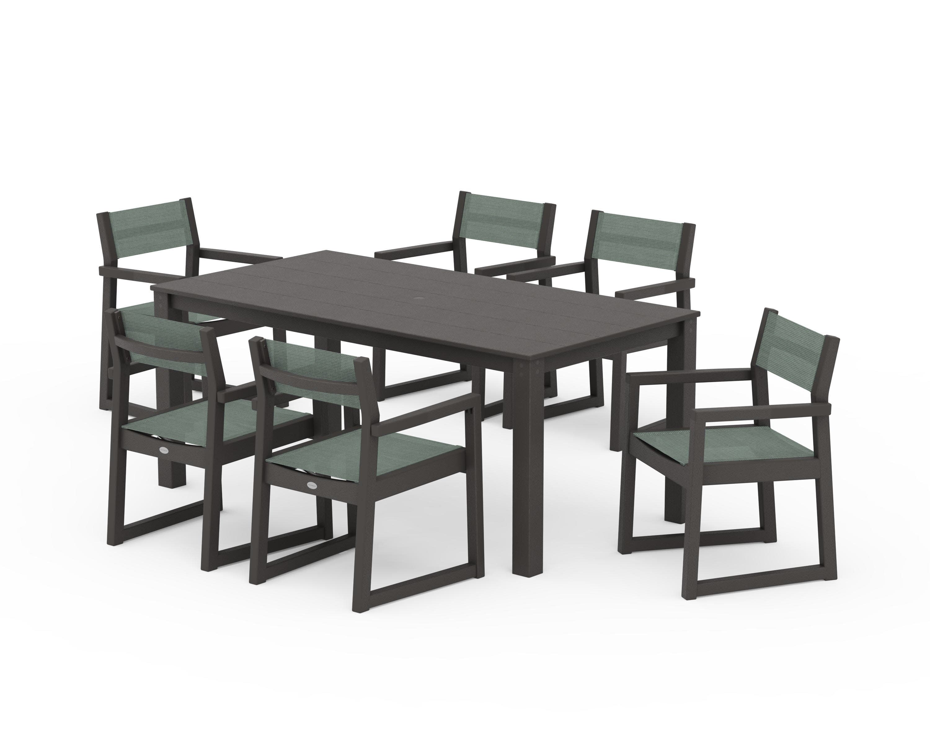 EDGE Sling Arm Chair 7-Piece Parsons Dining Set in Vintage Coffee / Dupioni Sea Mist Sling