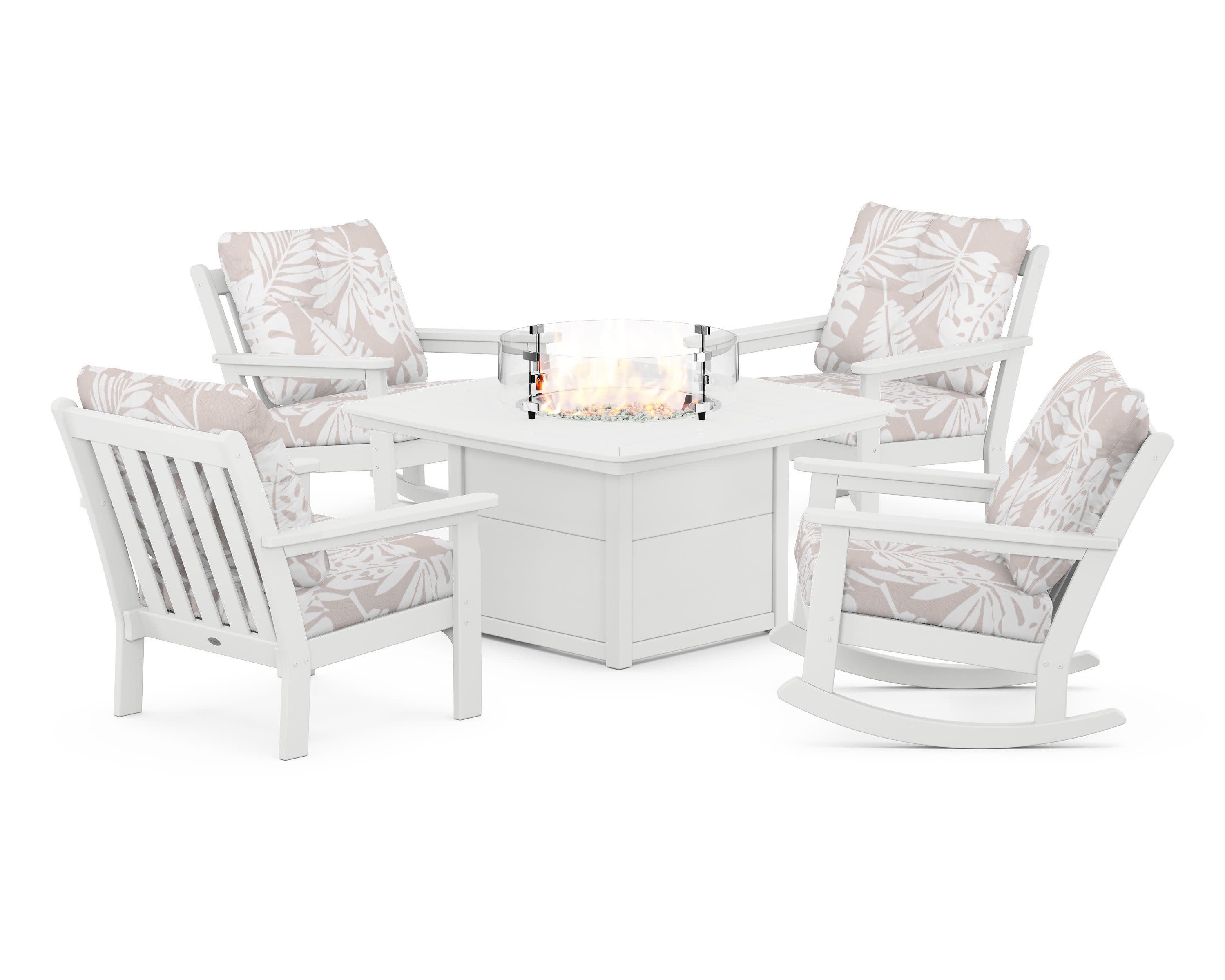Vineyard 5-Piece Deep Seating Rocking Chair Conversation Set with Fire Pit Table in White / Leaf Dune Burlap