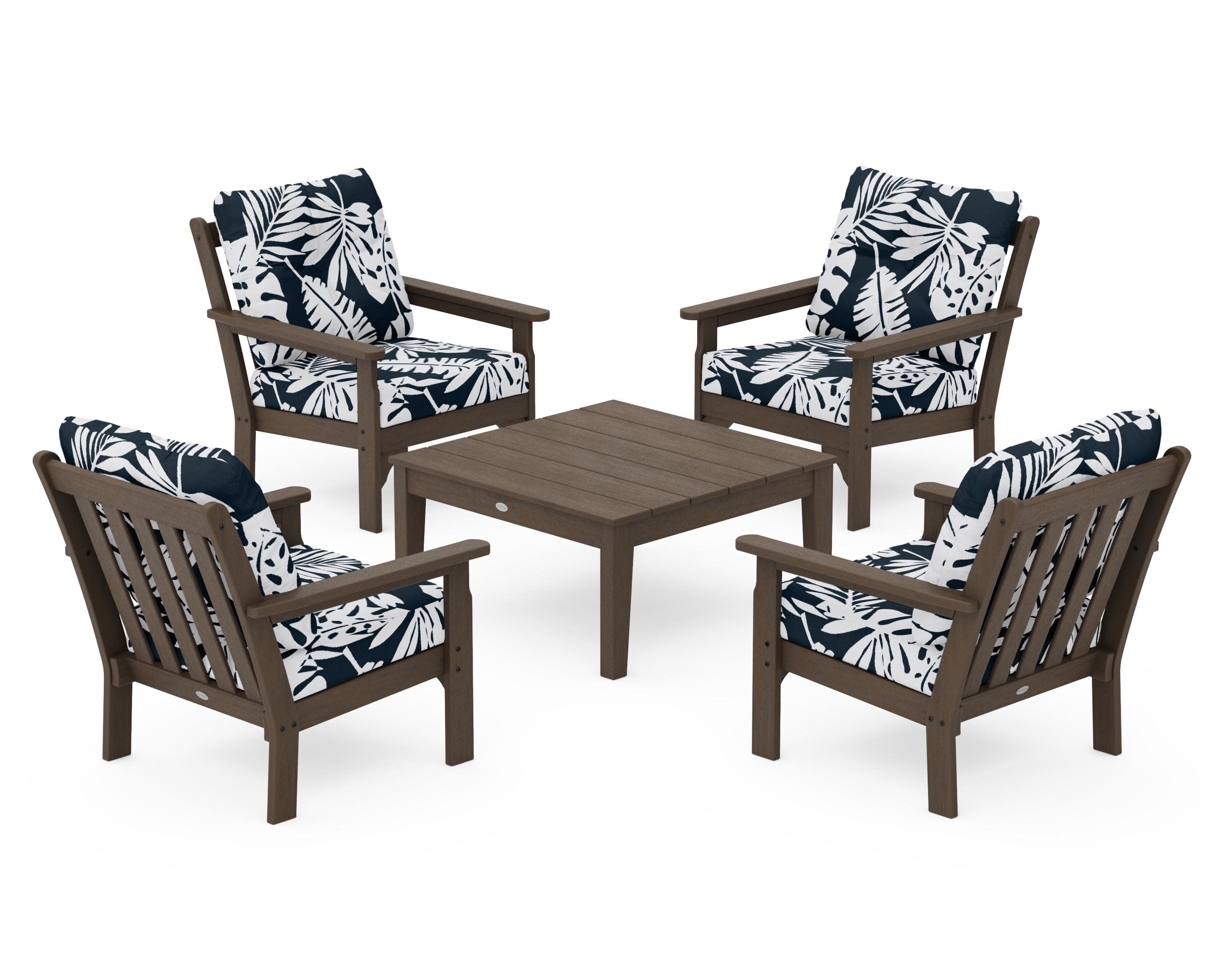 Vineyard 5-Piece Deep Seating Conversation Set in Kona / Leaf Marine Indigo