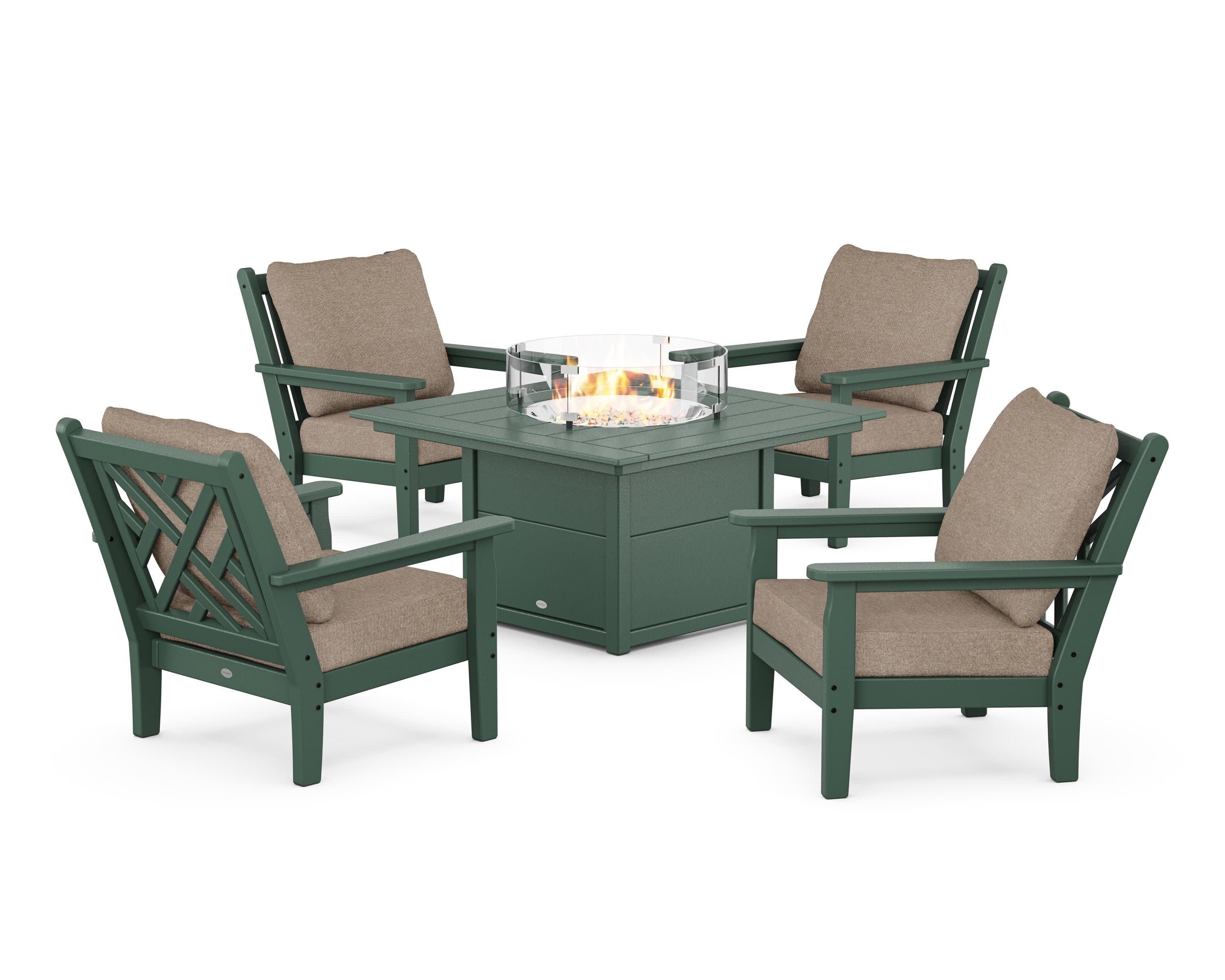 Chippendale 5-Piece Deep Seating Set with Fire Pit Table in Green / Spiced Burlap