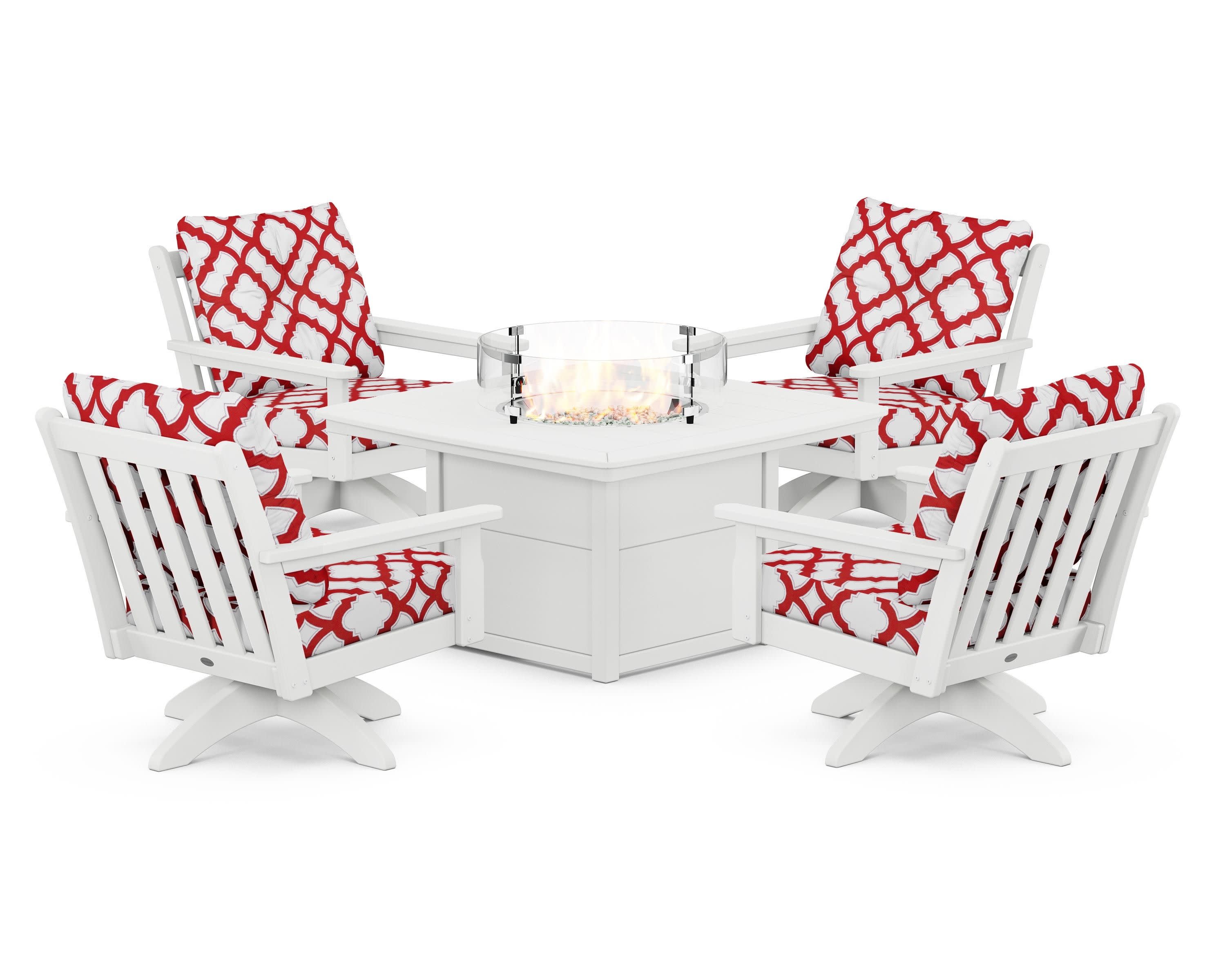Vineyard 5-Piece Deep Seating Swivel Conversation Set with Fire Pit Table in White / Trellis Crimson