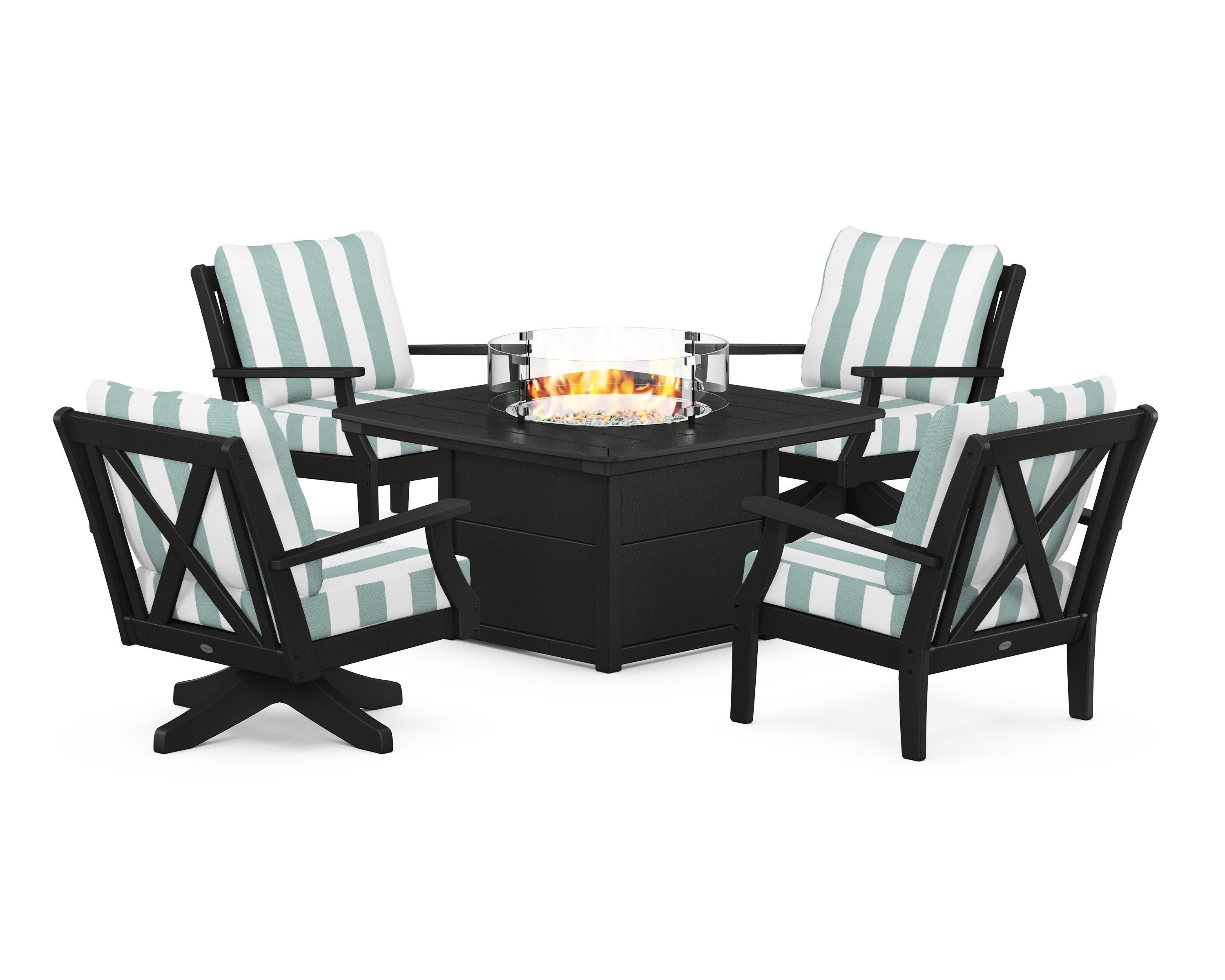 Braxton 5-Piece Deep Seating Set with Fire Table in Black / Cabana Stripe Glacier Spa